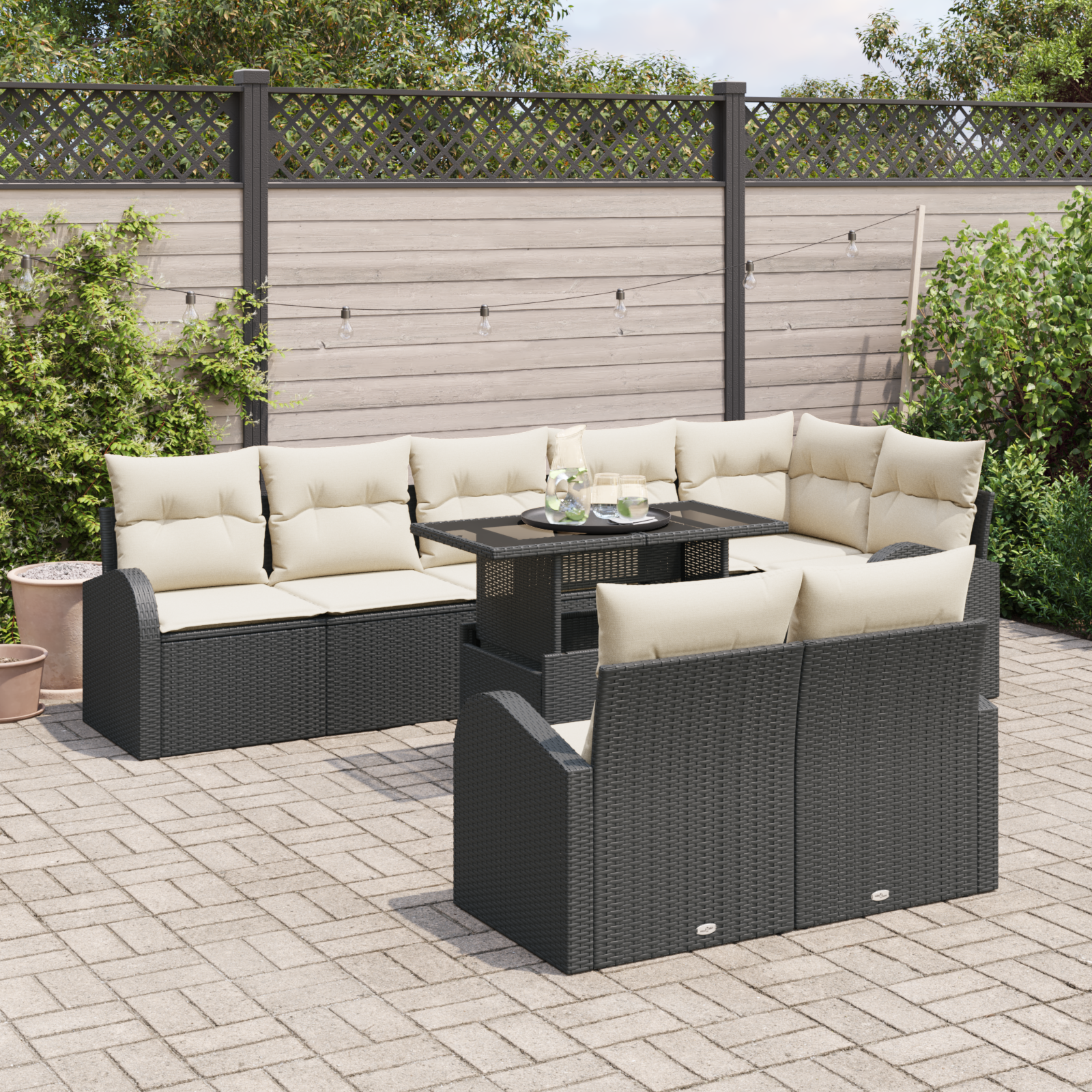 vidaXL 9-delige Tuinbankenset met kussens poly rattan zwart