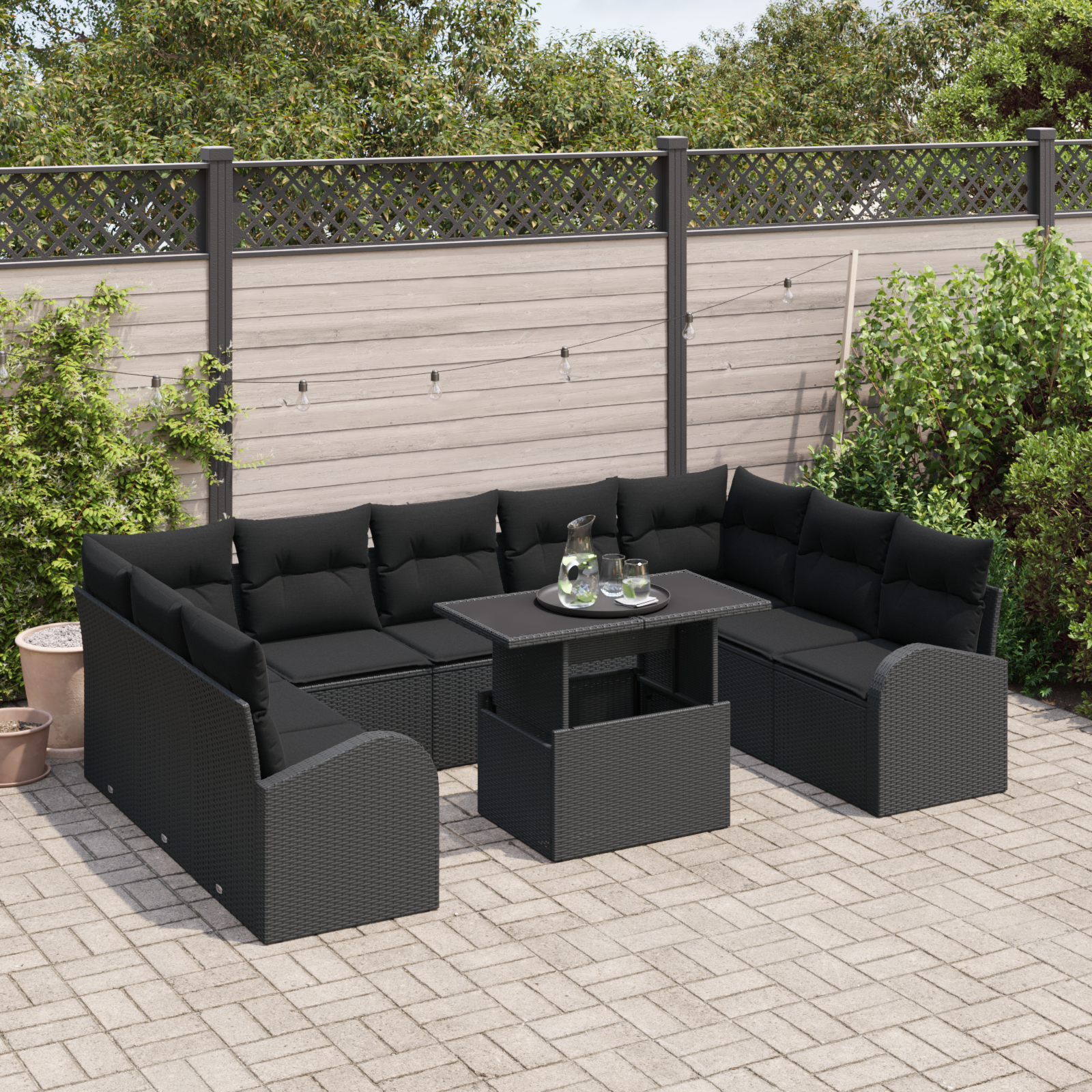 vidaXL 10-delige tuinset met kussens zwart poly rattan