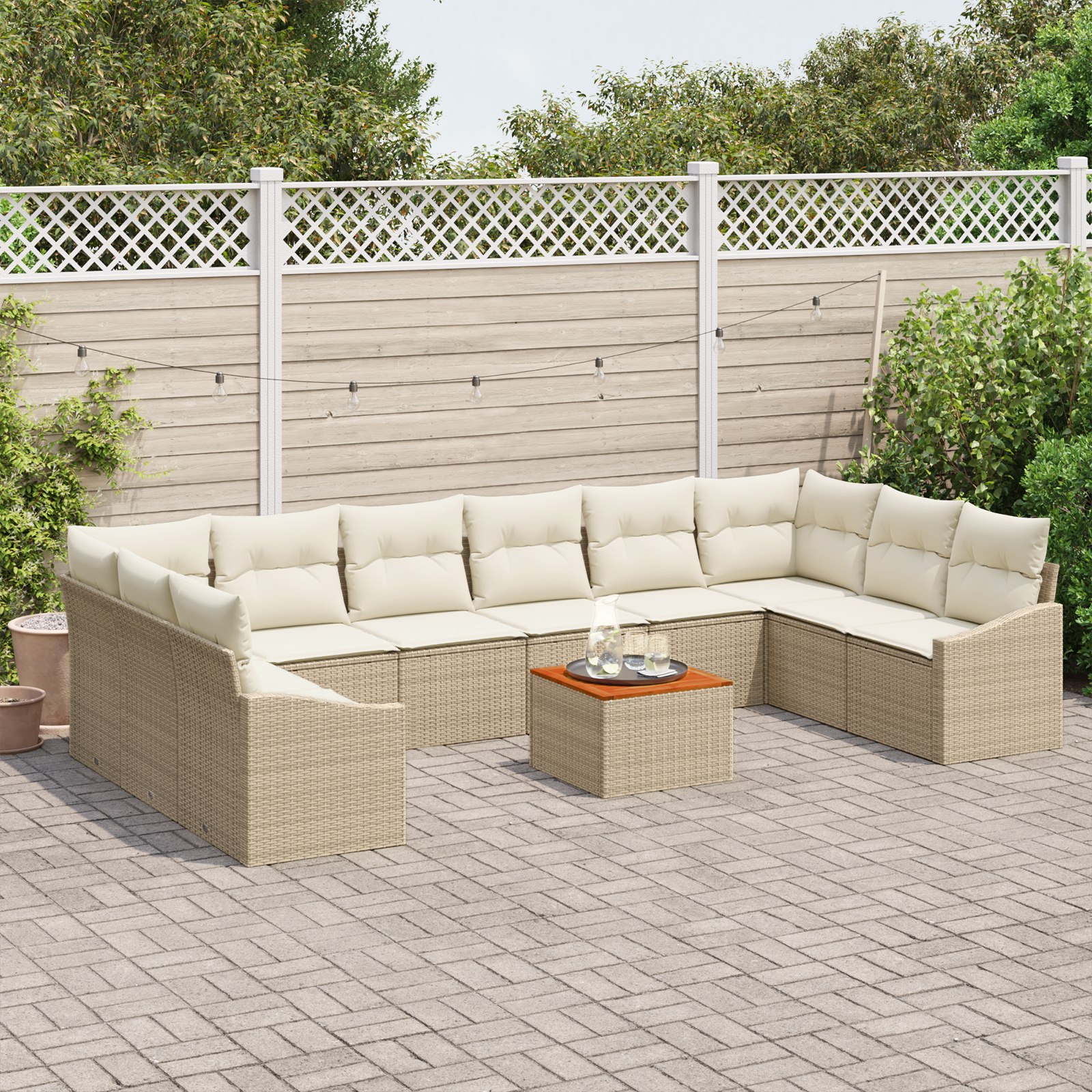 vidaXL 11-delige Tuinbankenset en kussens poly rattan acaciahout beige