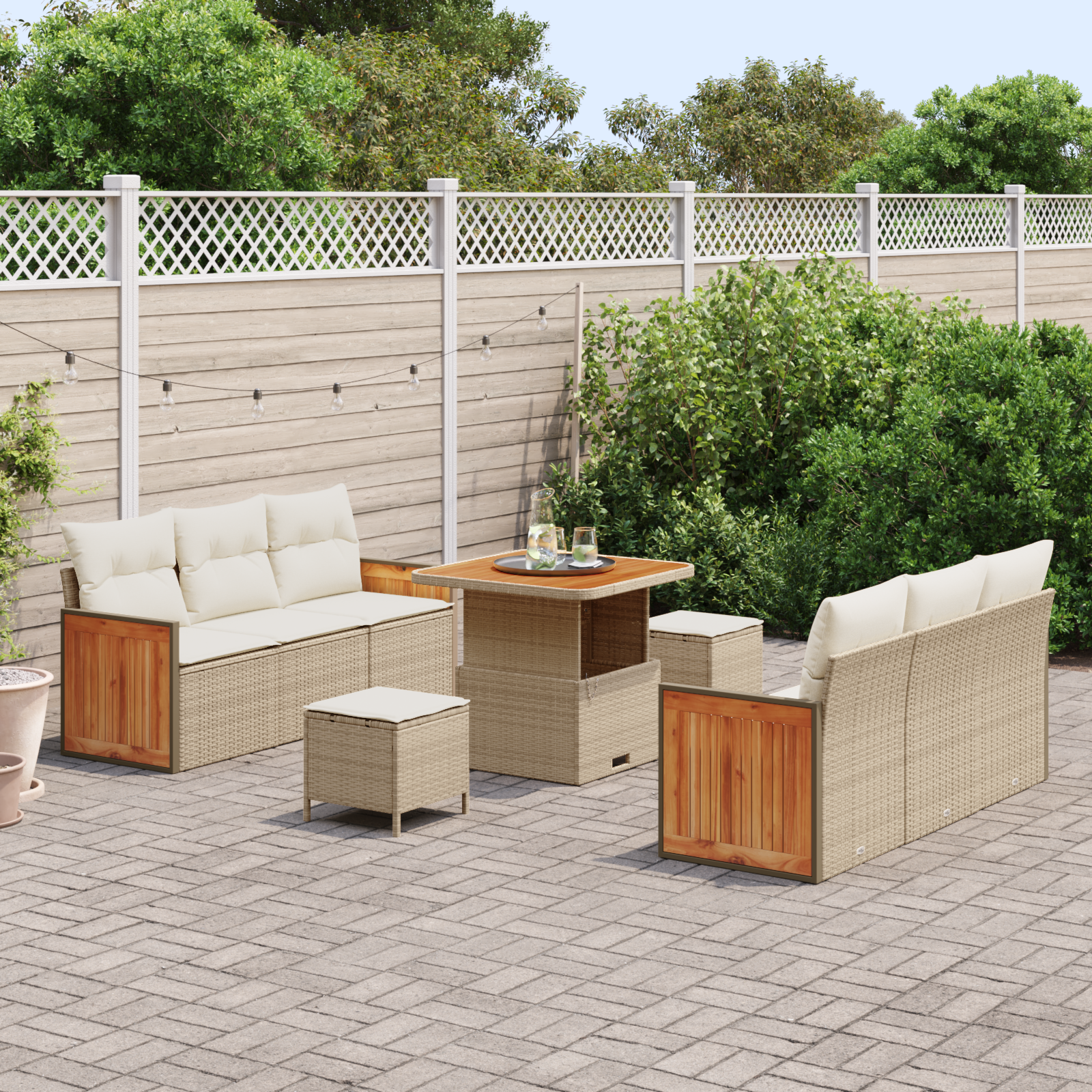 vidaXL 9-delige Tuinbankenset met kussens poly rattan acacia beige