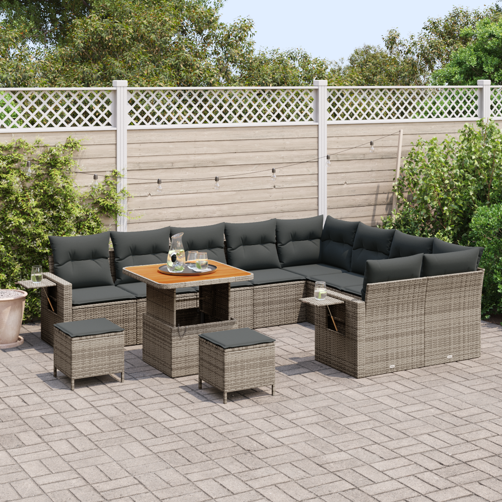 vidaXL 12-delige tuinbankset met kussens in het grijs van poly rattan en acacia