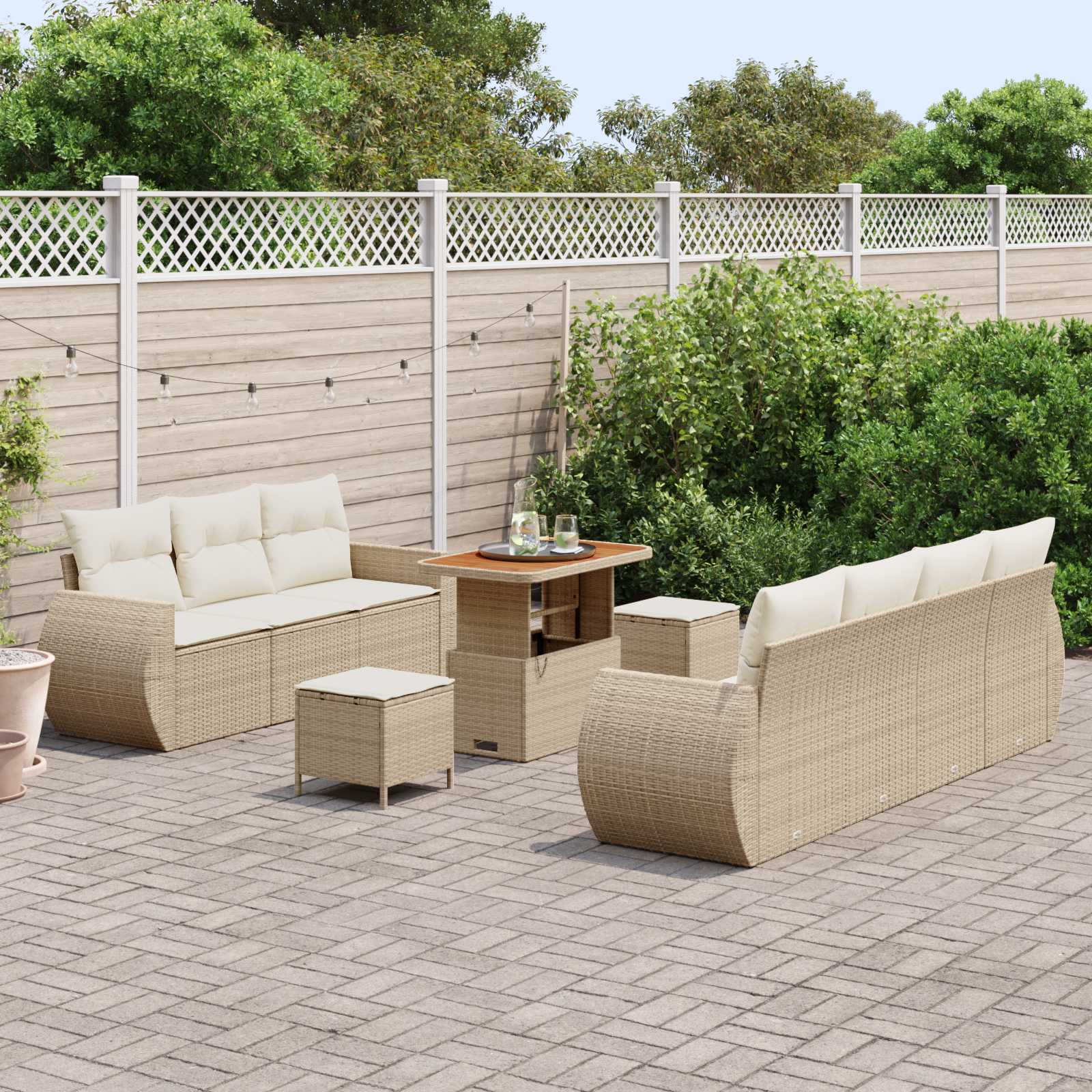 vidaXL 10-delige Tuinbankenset met kussens poly rattan acacia beige