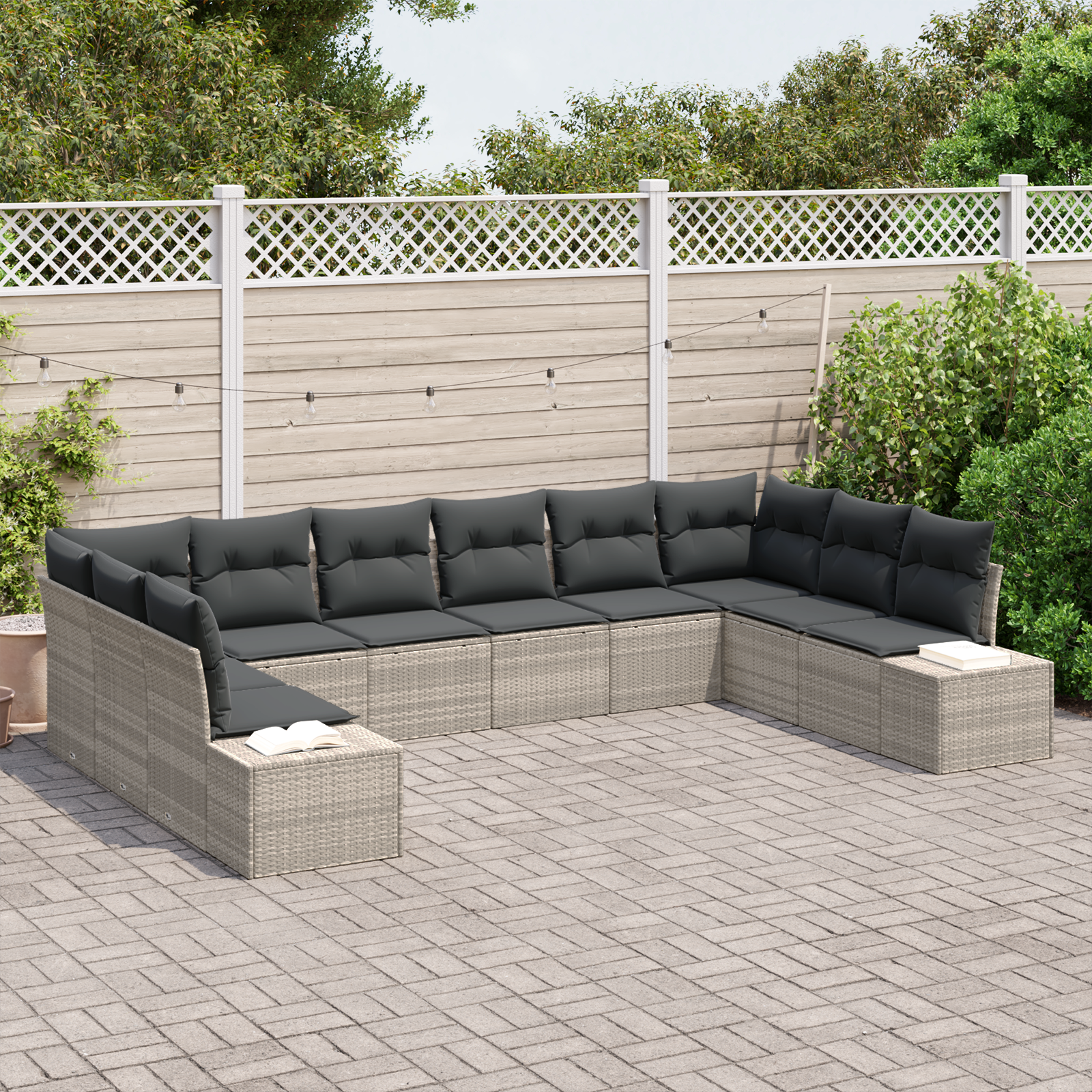 vidaXL 10-delige Tuinbankenset met kussens poly rattan lichtgrijs