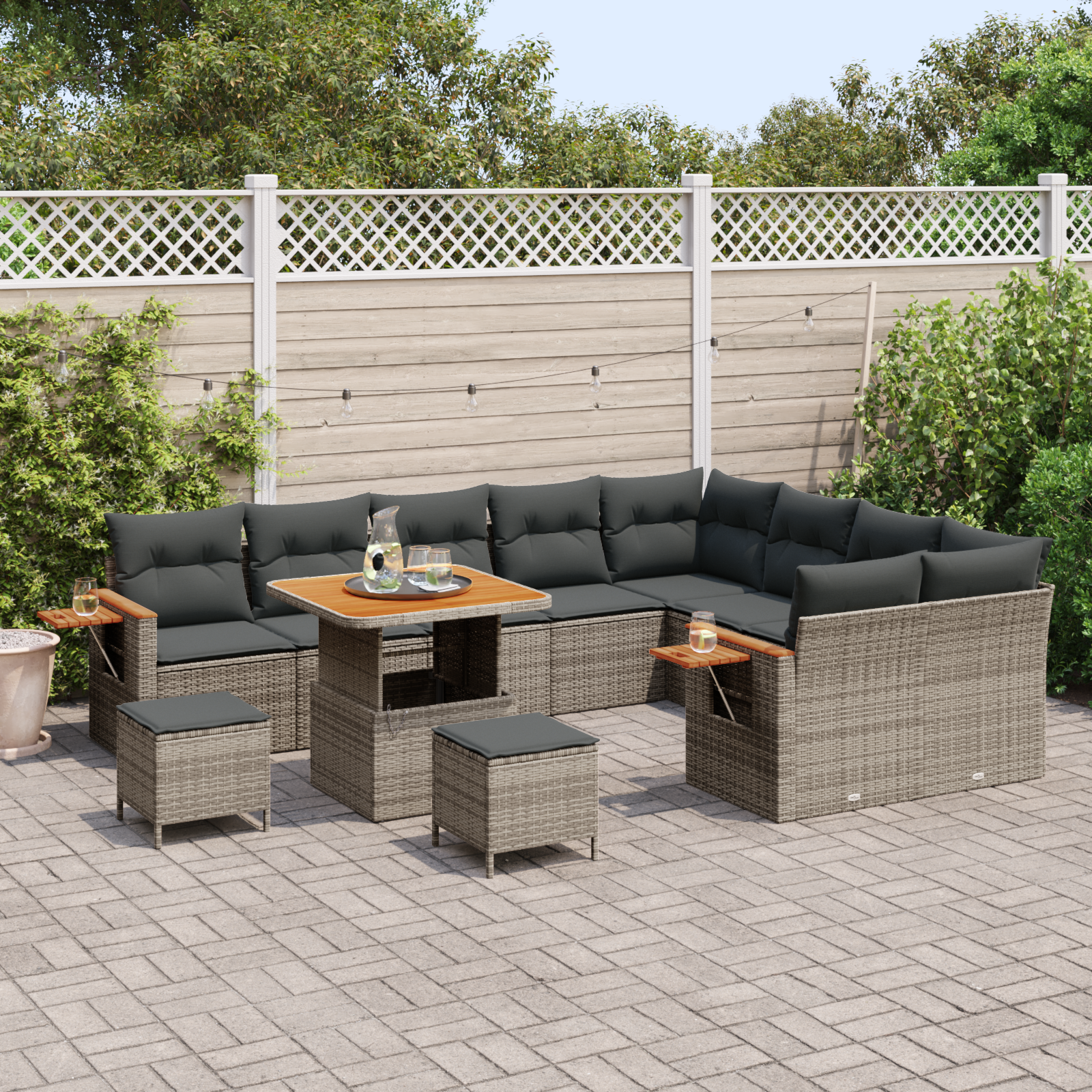 vidaXL 12-delige Tuinbankenset met kussens poly rattan acacia grijs