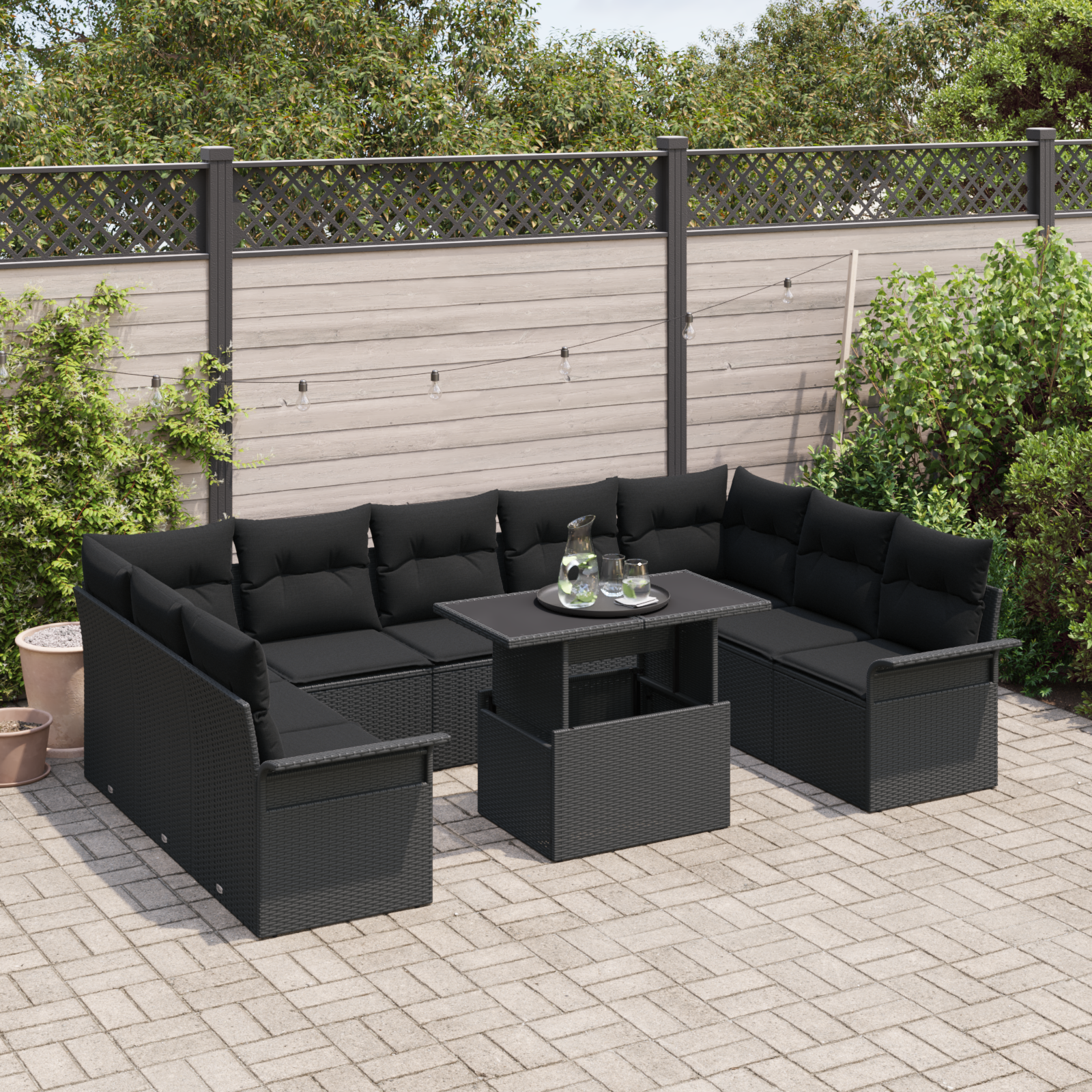 vidaXL 10-delige tuinstoelset met kussens Zwart Poly Rattan