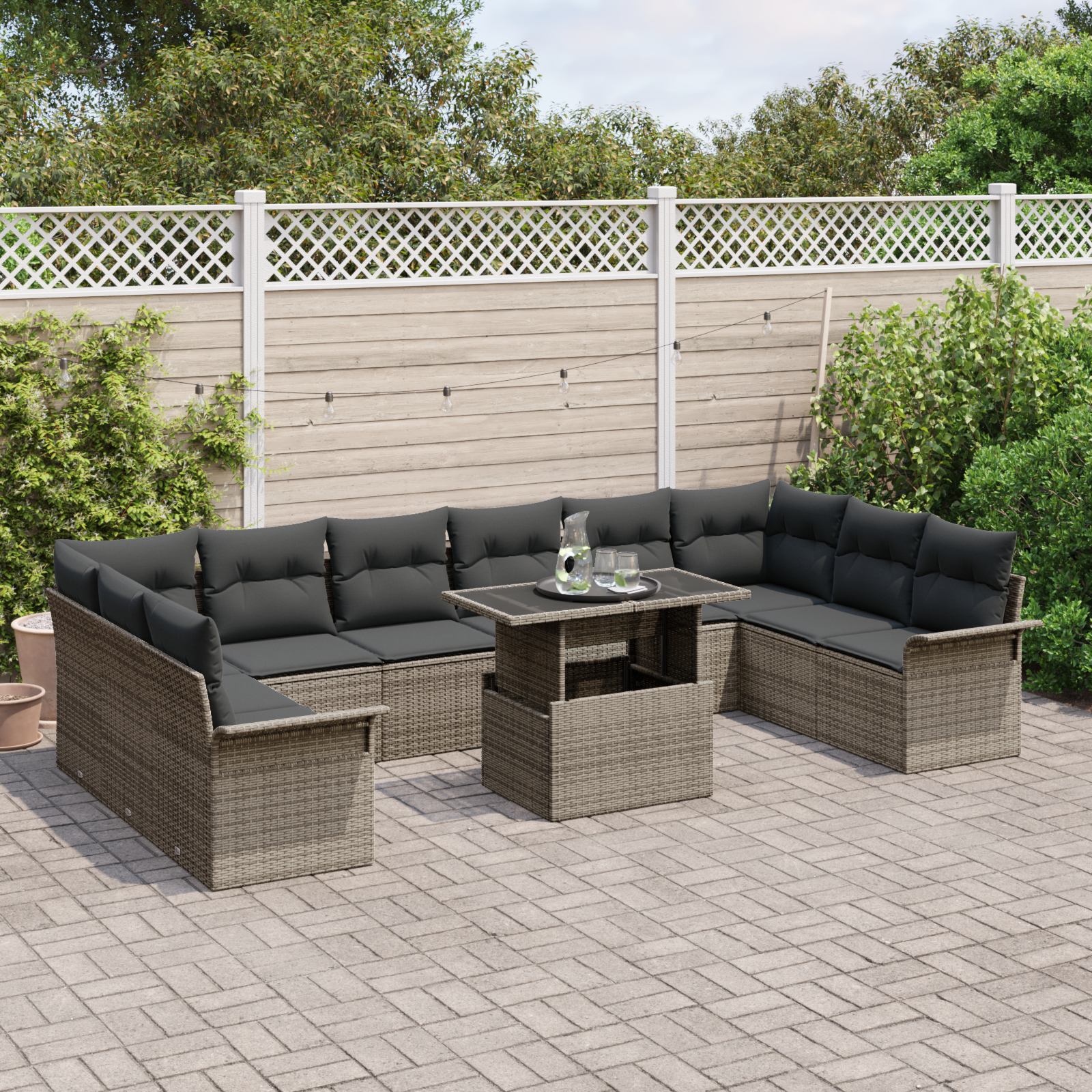 vidaXL 11-delige Tuinbankenset met kussens poly rattan grijs