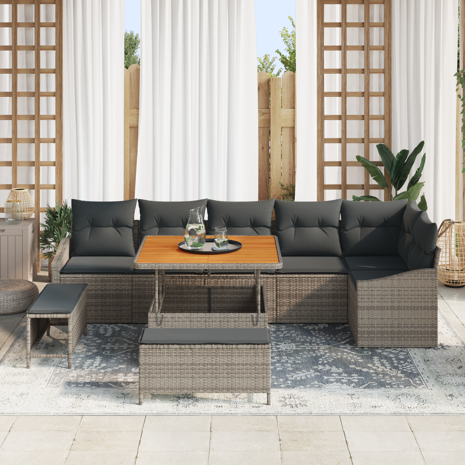 vidaXL 9-delige Tuinset met Kussens Grijs Poly Rattan Acacia