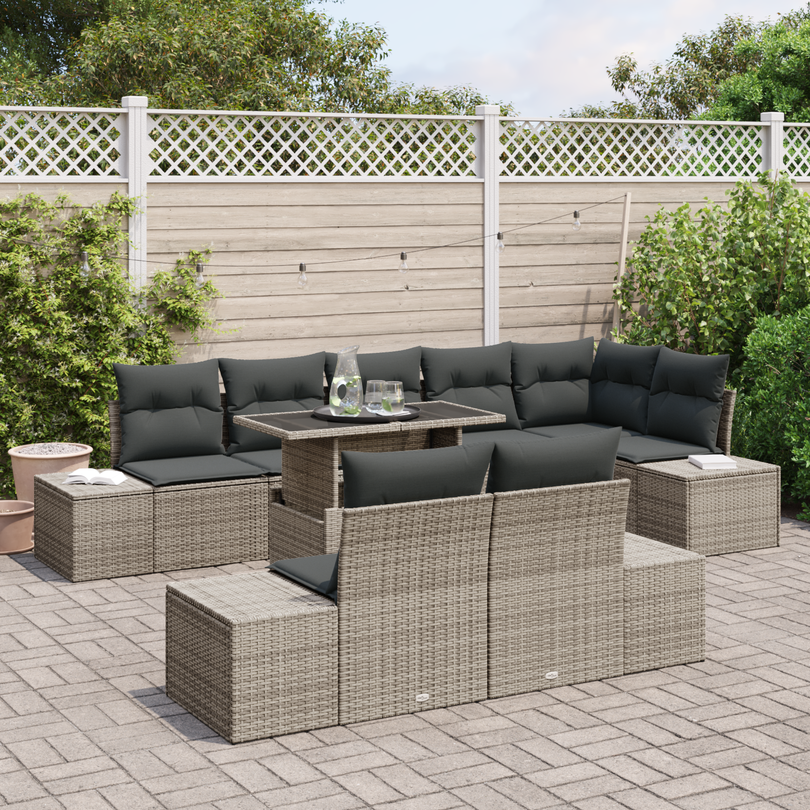 vidaXL 9-delige Tuinbankenset met kussens poly rattan grijs