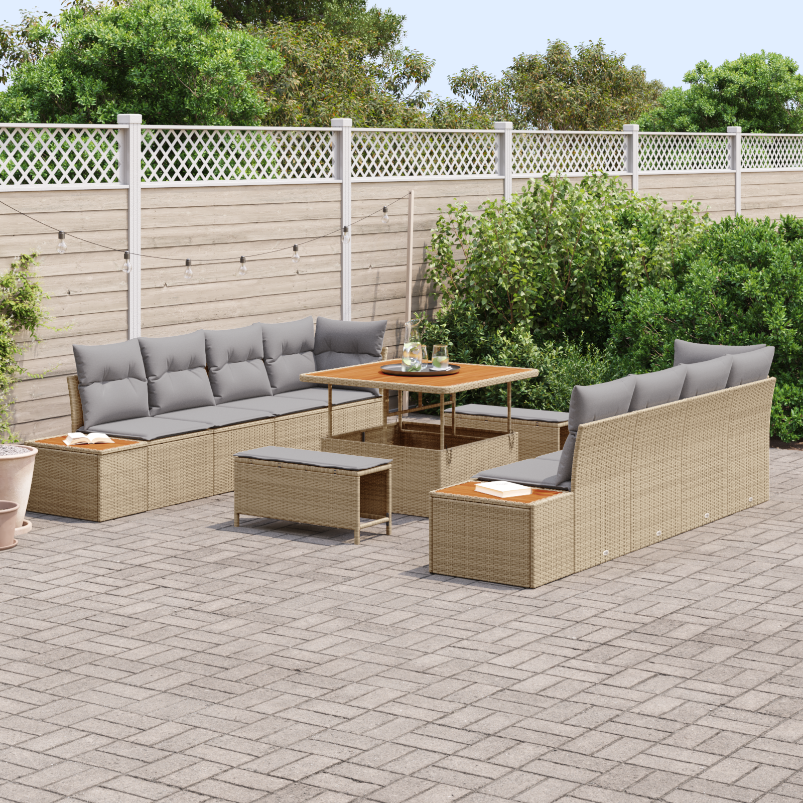 vidaXL 11-delige Tuinbankenset met kussens poly rattan acacia beige