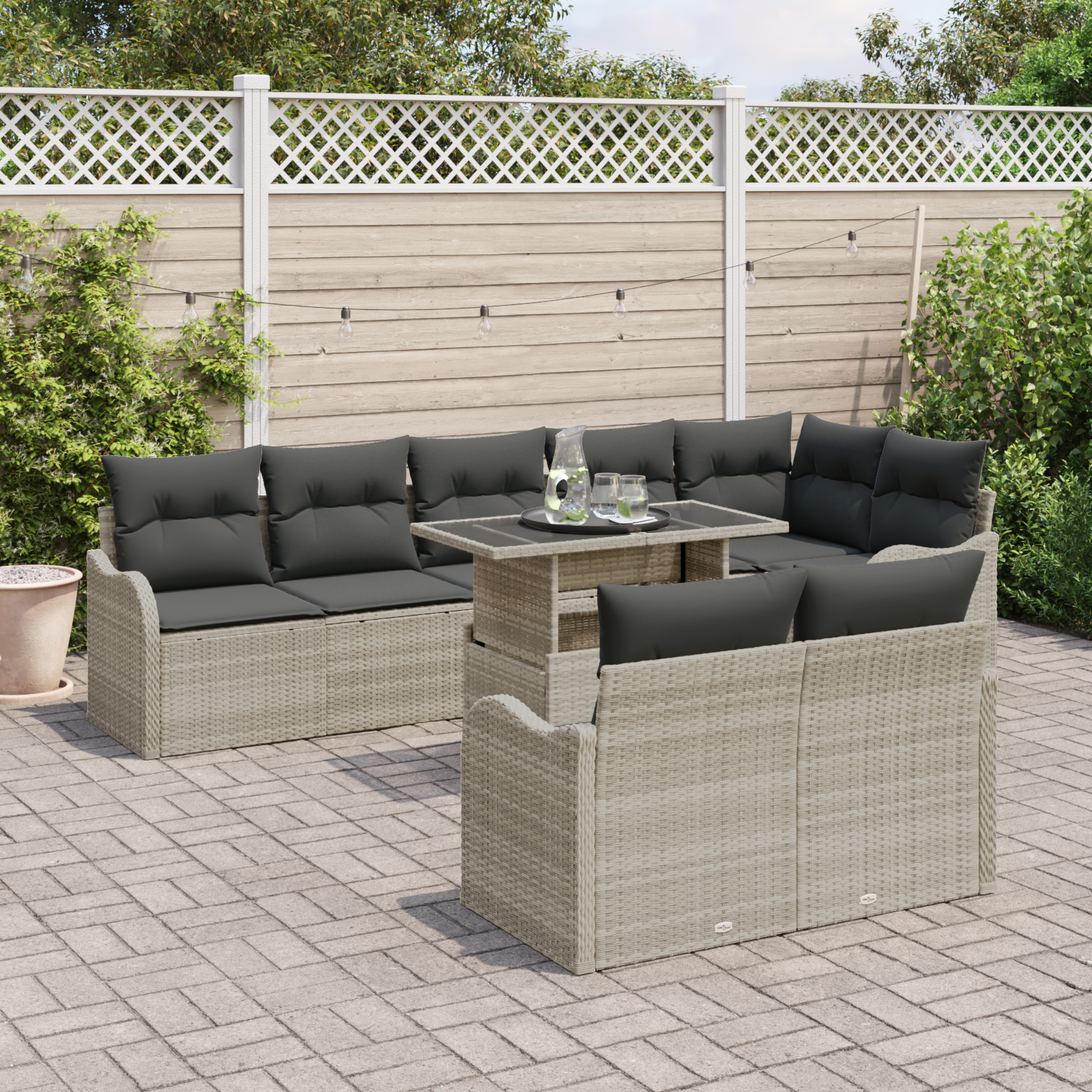 vidaXL 9-delige tuinset met kussens in lichtgrijs poly rattan