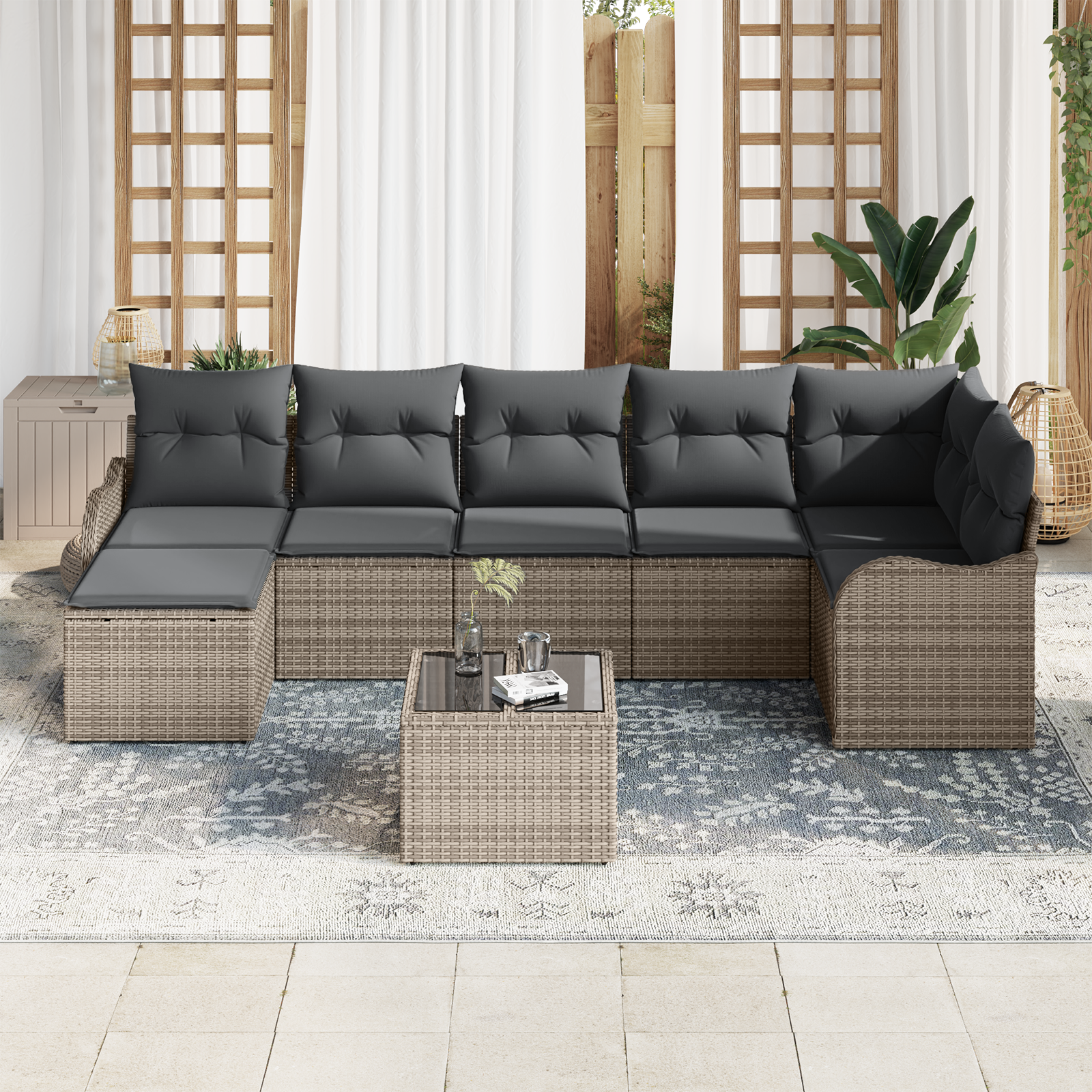 vidaXL 7-delige tuin set met kussens zwart poly rattan