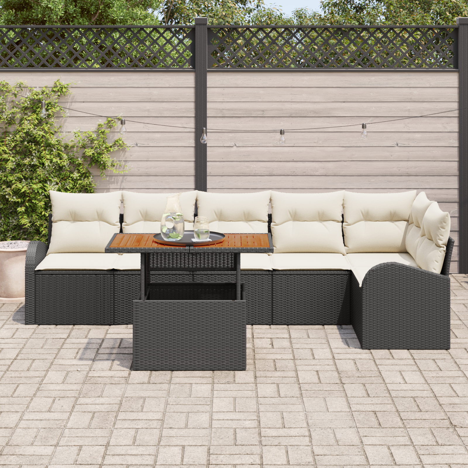 vidaXL 7-delige tuinset met kussens zwart poly riet