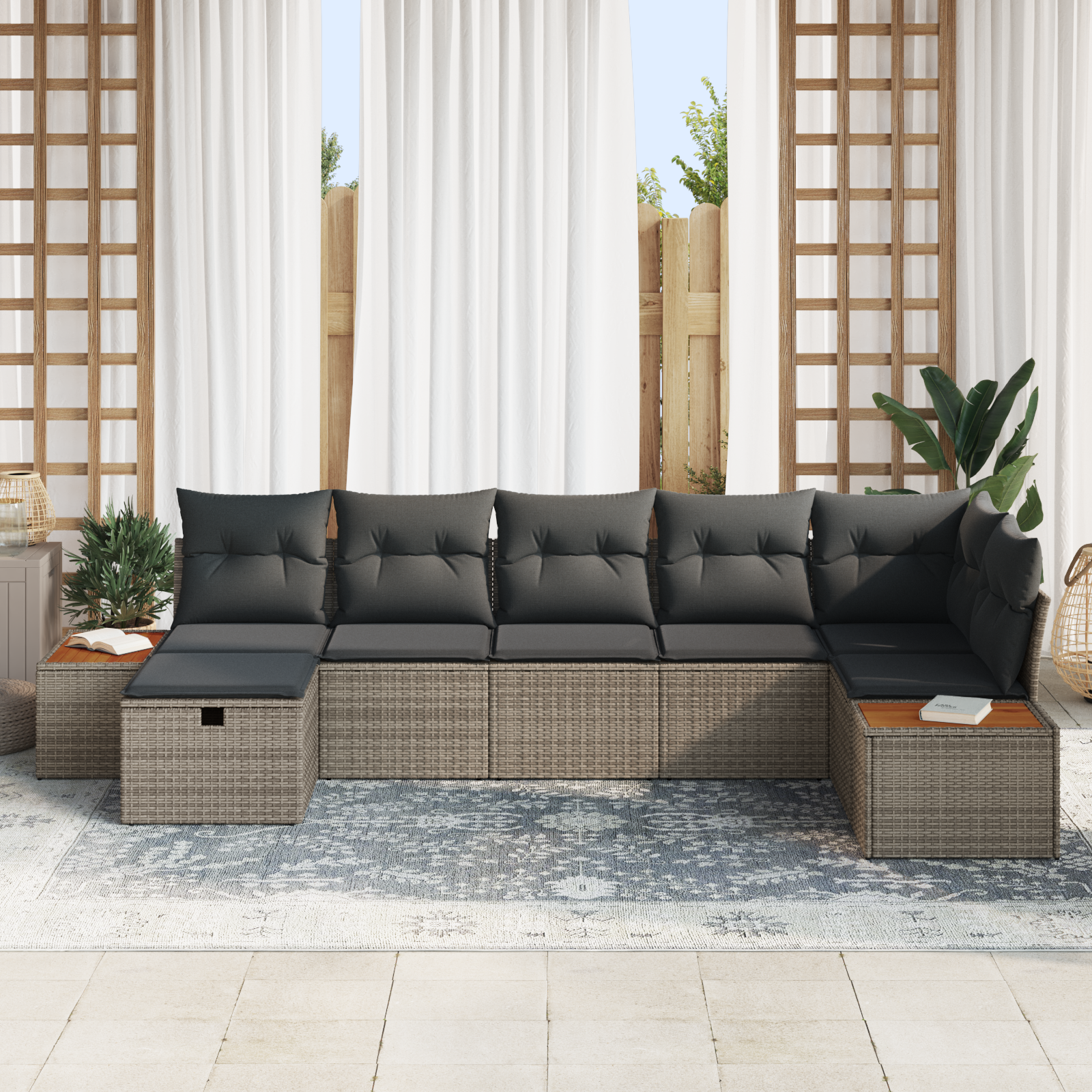 vidaXL 7-delige tuinset van grijs poly rattan met kussens