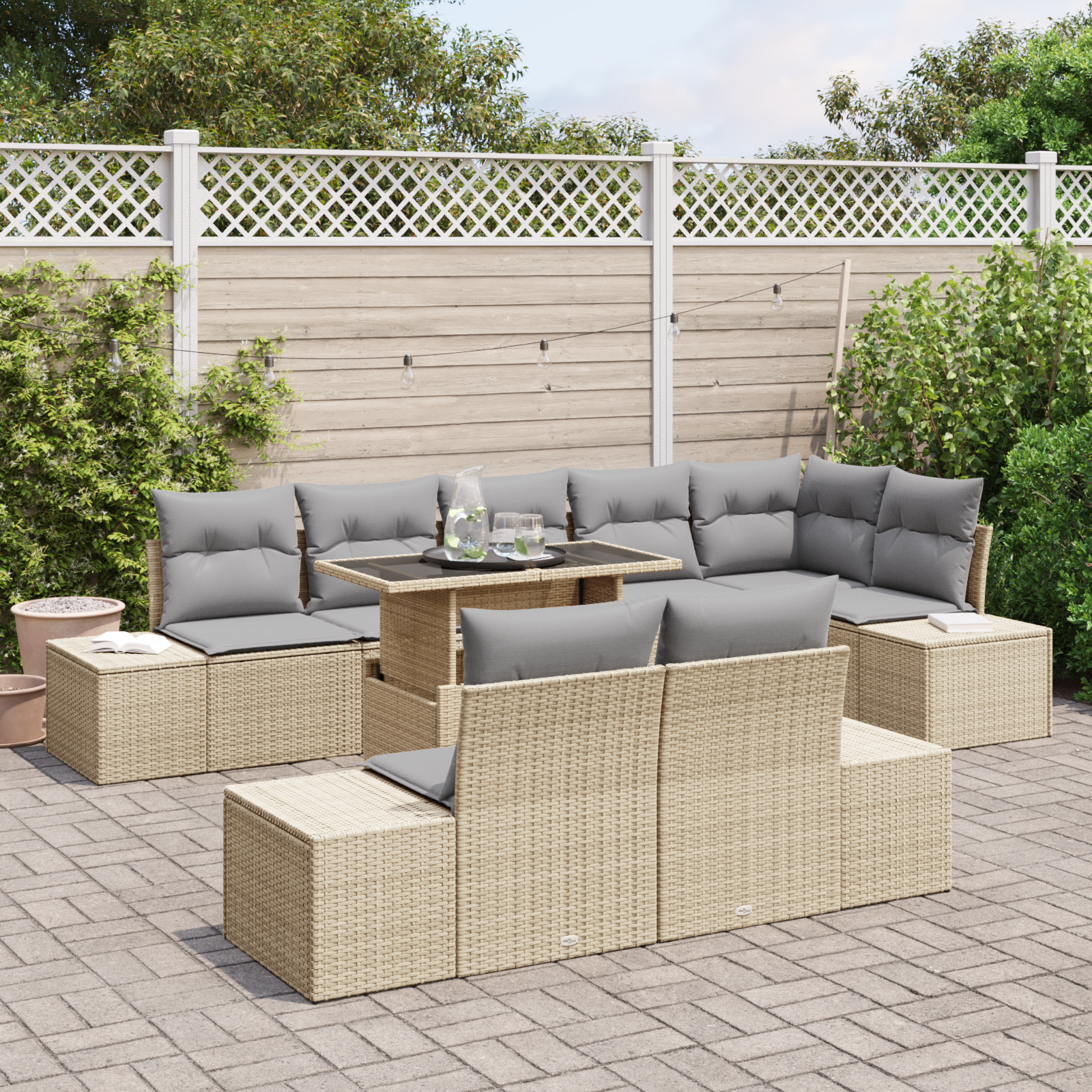 vidaXL 9-delige Tuinbankenset met kussens poly rattan beige