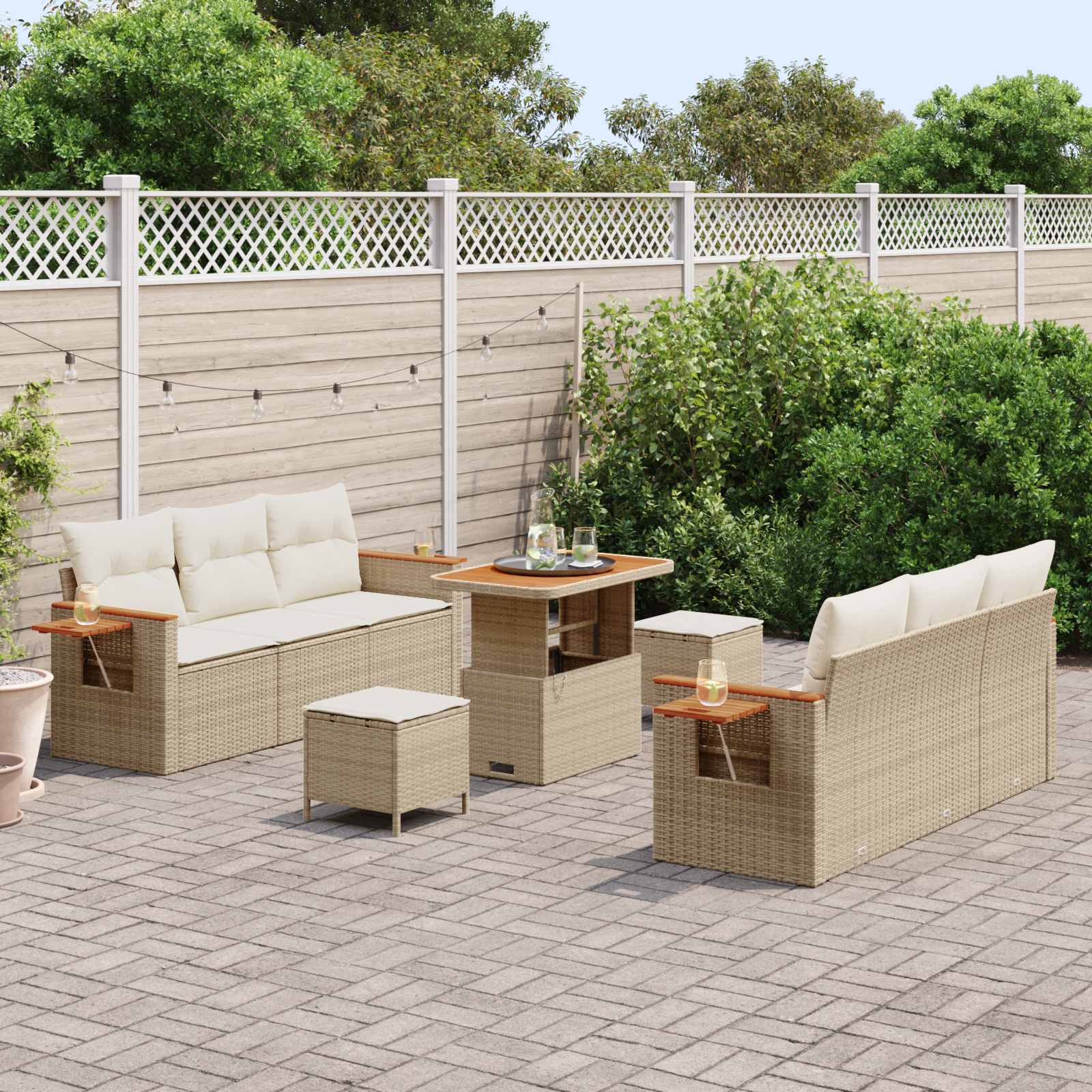 vidaXL 9-delige tuinset met kussens in beige poly rattan en acacia