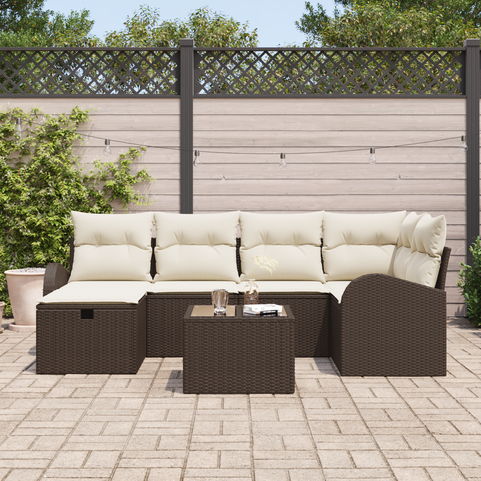 vidaXL 7-delige tuinset met kussens in bruin poly rattan