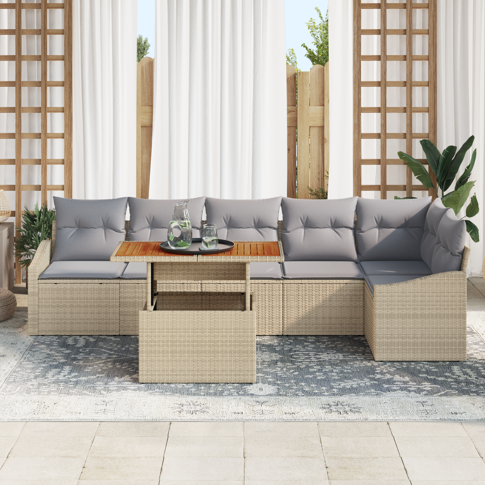 vidaXL 7-delige Tuin Eetset met Kussens Beige Poly Rattan Acacia