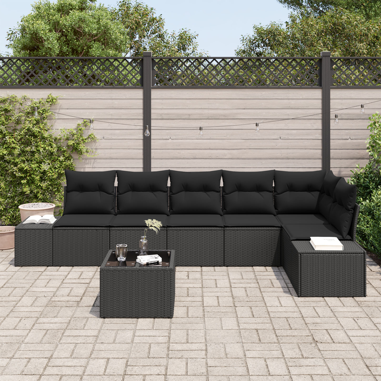 vidaXL 7-delige Tuinbankenset met kussens poly rattan beige