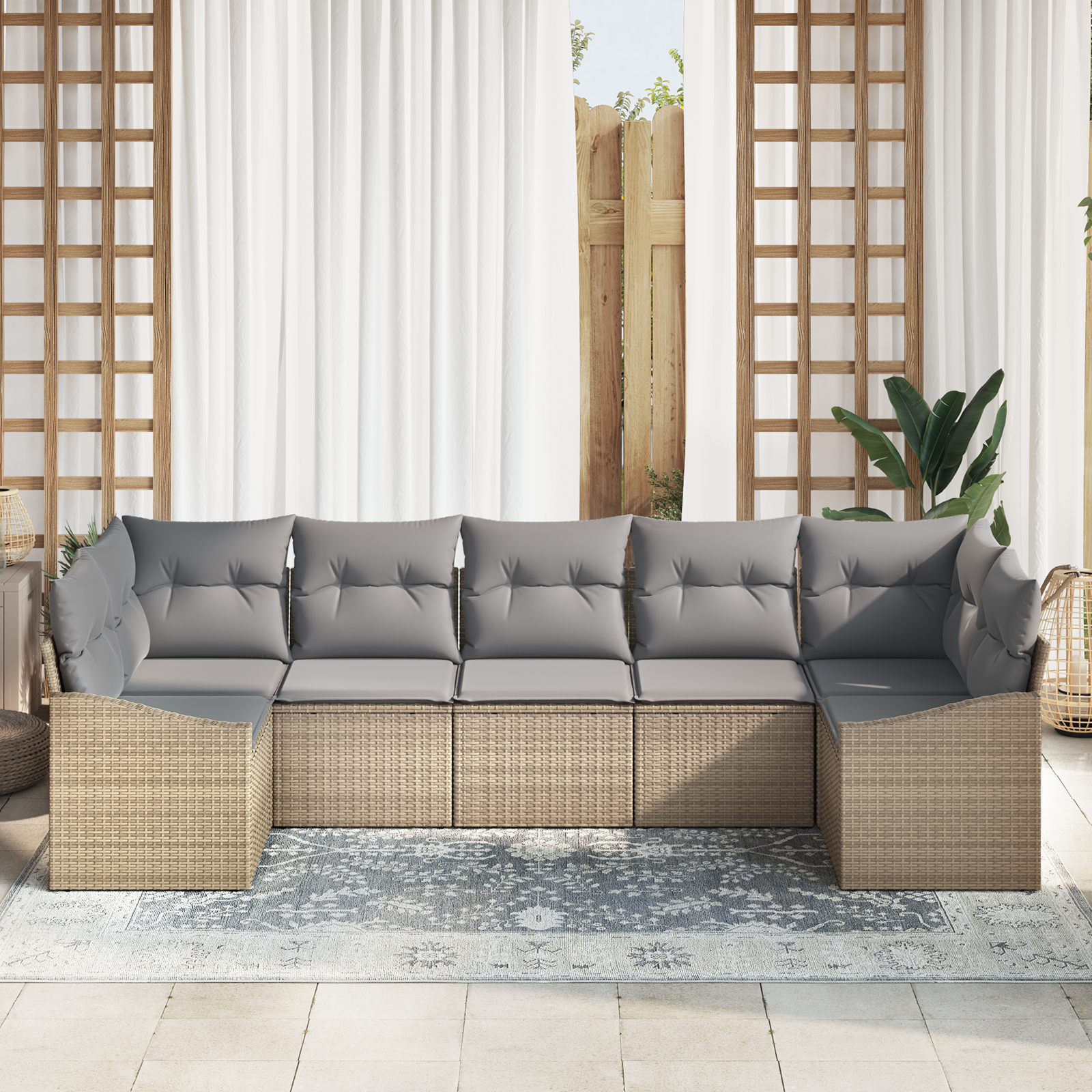 vidaXL 7-delige tuin eetset met kussens in beige poly rattan