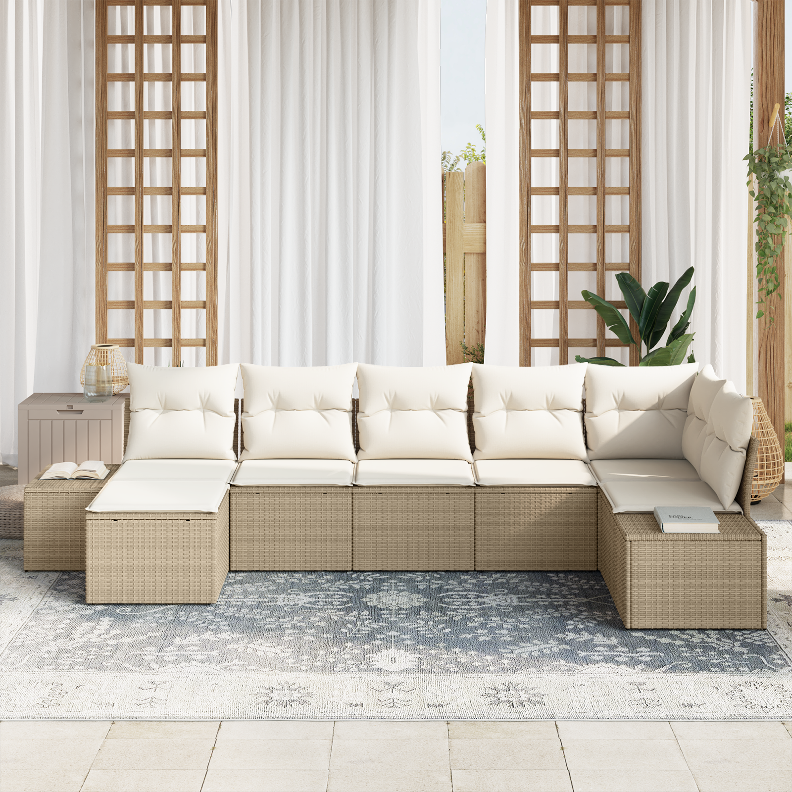 vidaXL 7-delige Tuinbankenset met kussens poly rattan beige