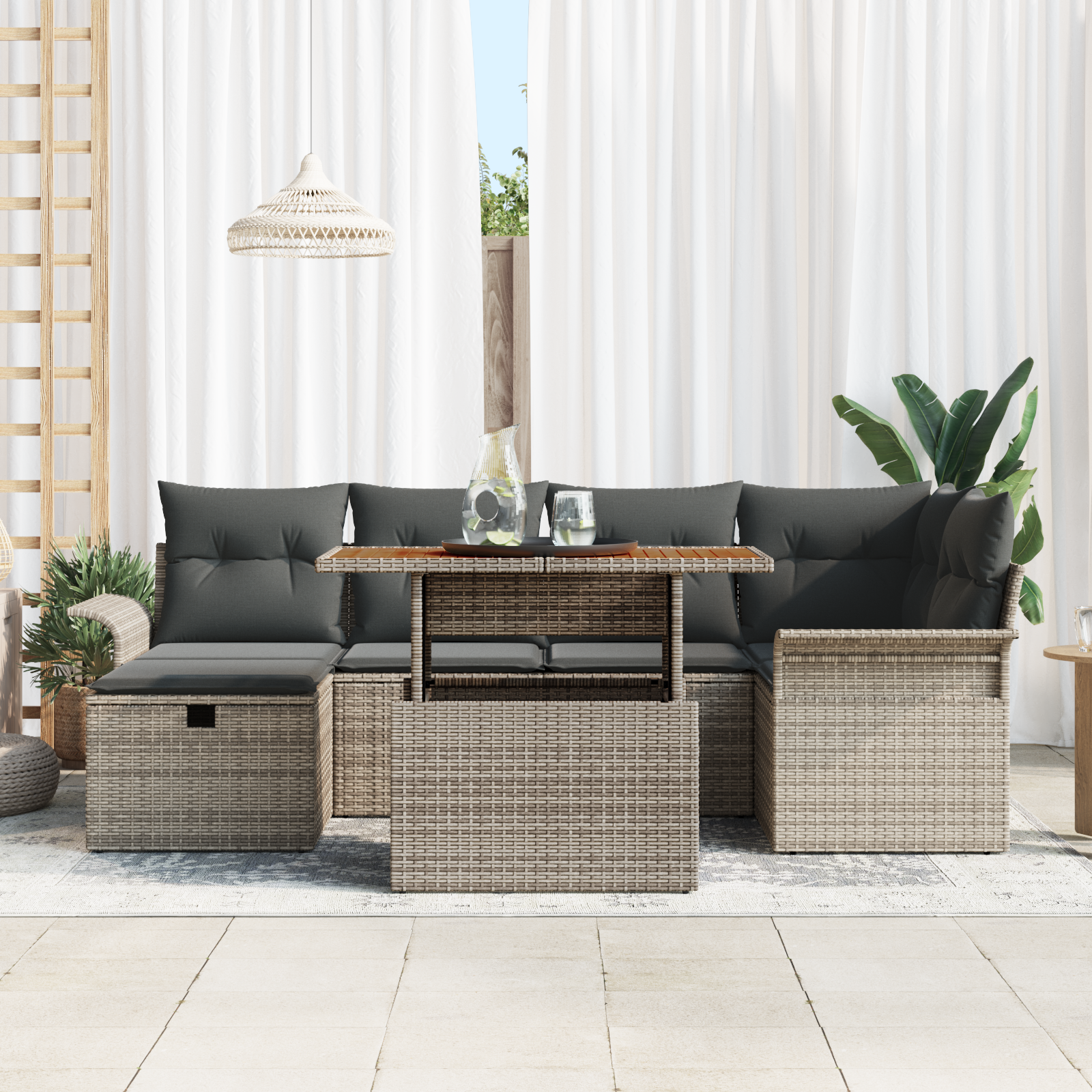 vidaXL 7-delige Tuinbankenset met kussens poly rattan grijs