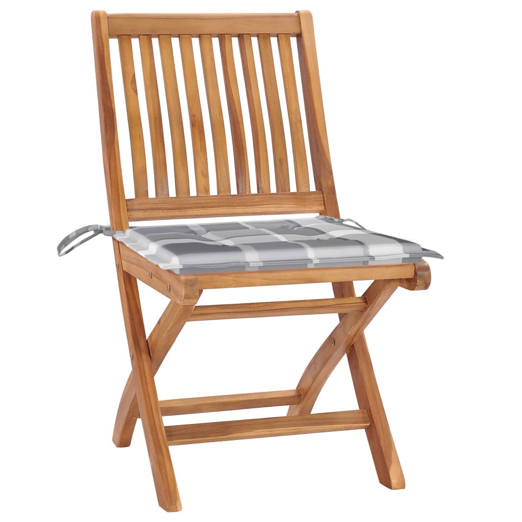 vidaXL Tuinstoelen 2 st met grijs geruite kussens massief teakhout