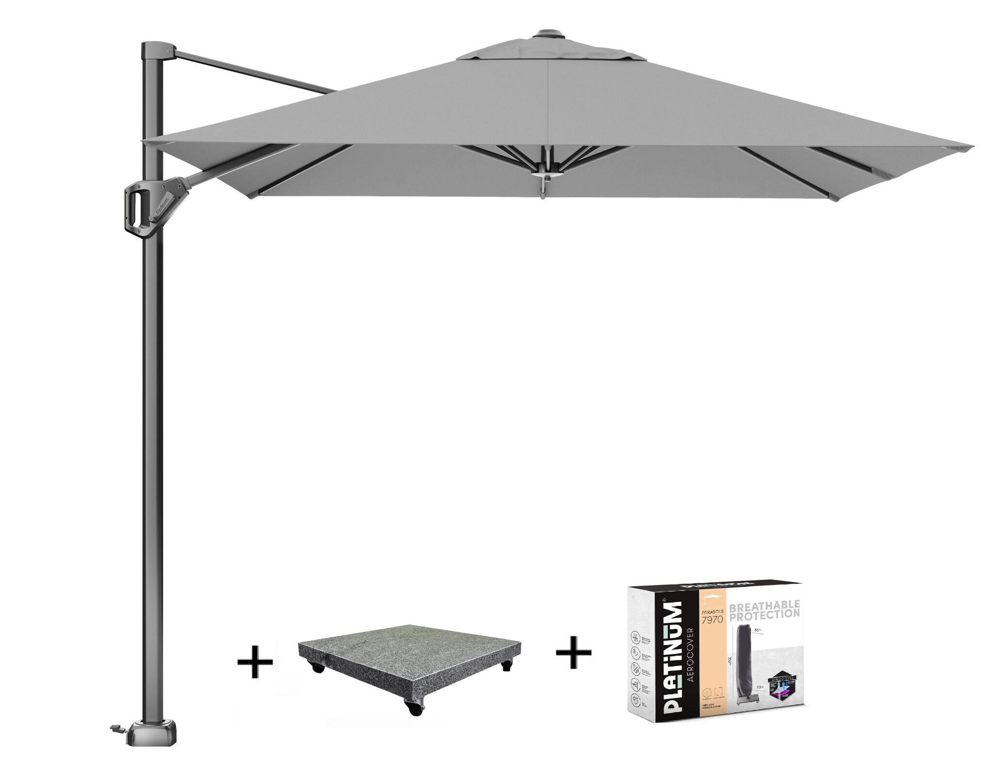 Platinum Voyager T1 zweefparasol 250x250 cm lichtgrijs met 90KG voet en hoes
