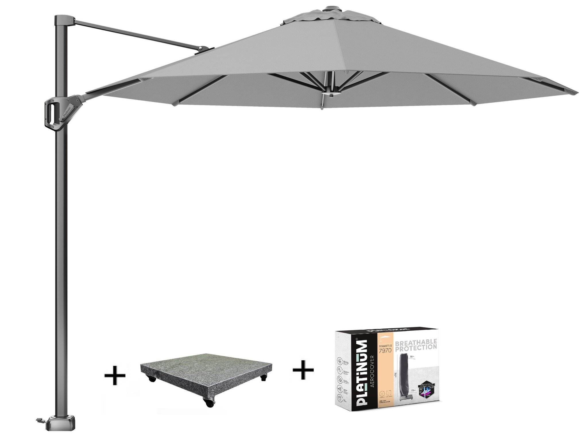Platinum Voyager T1 zweefparasol 300 cm rond lichtgrijs met 90KG voet en hoes