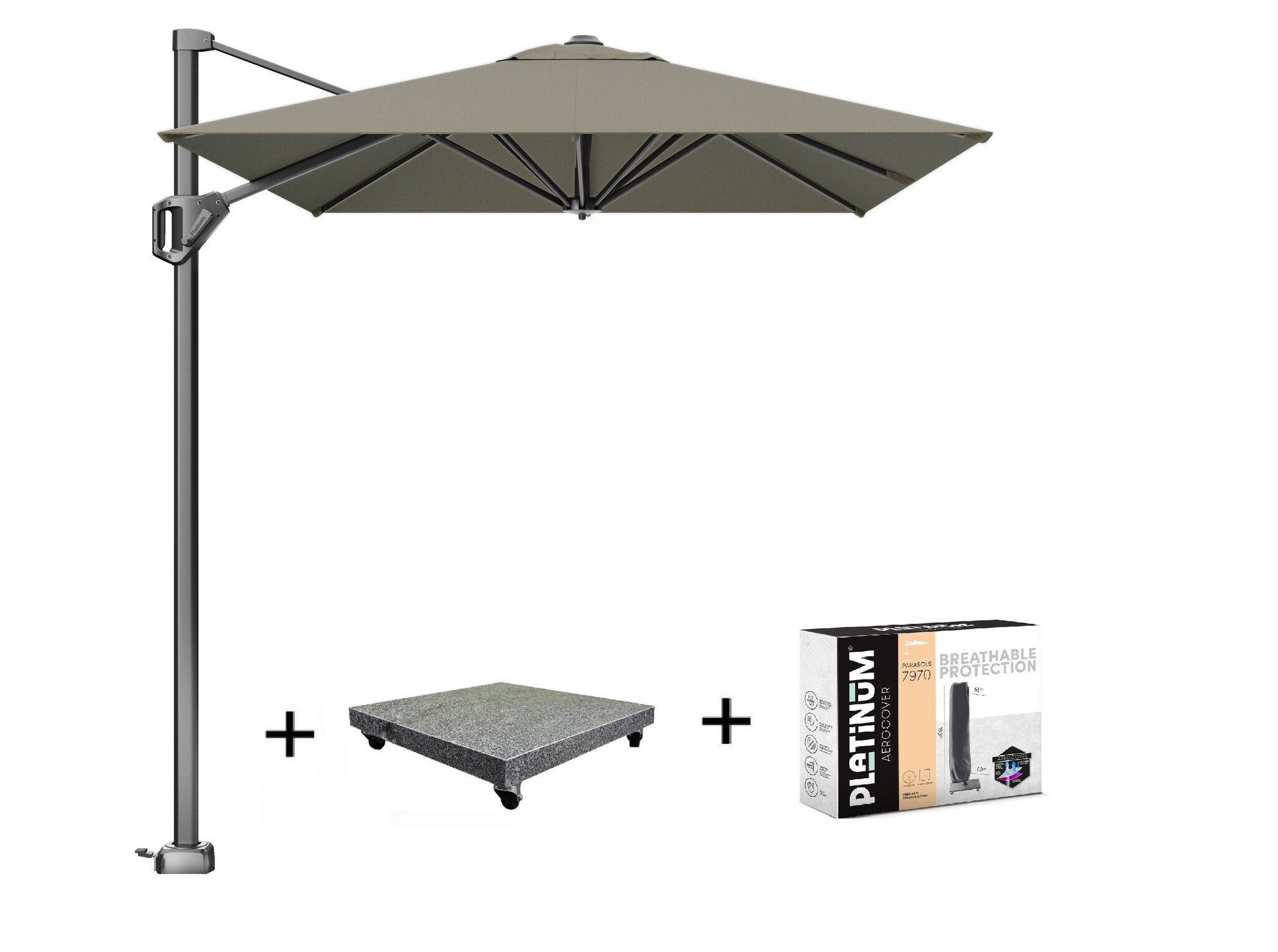 Platinum Voyager T1 zweefparasol 300x200 cm taupe met 90KG voet en hoes