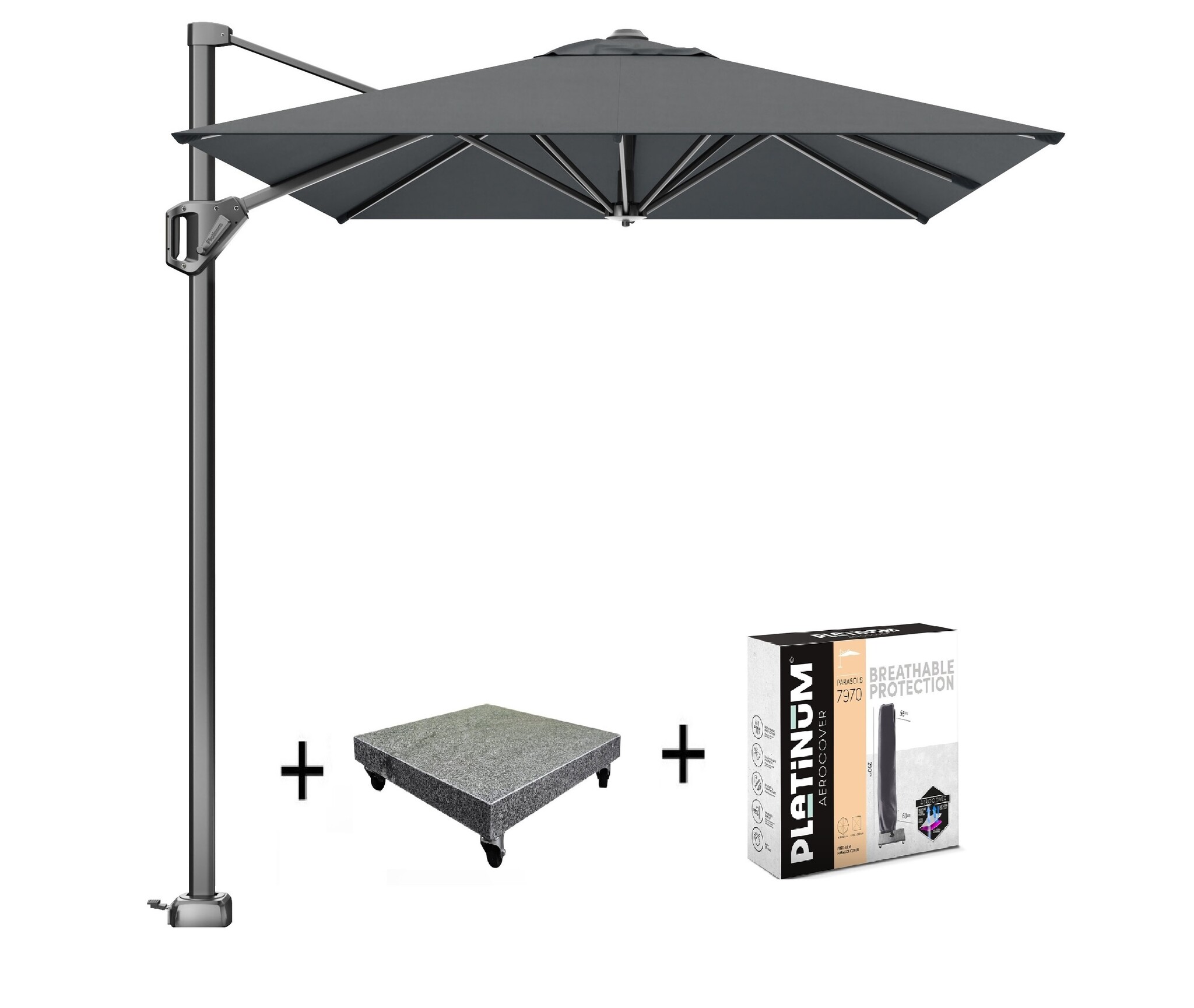 Platinum Voyager T1 zweefparasol 300x200 cm antraciet met 90KG voet en hoes