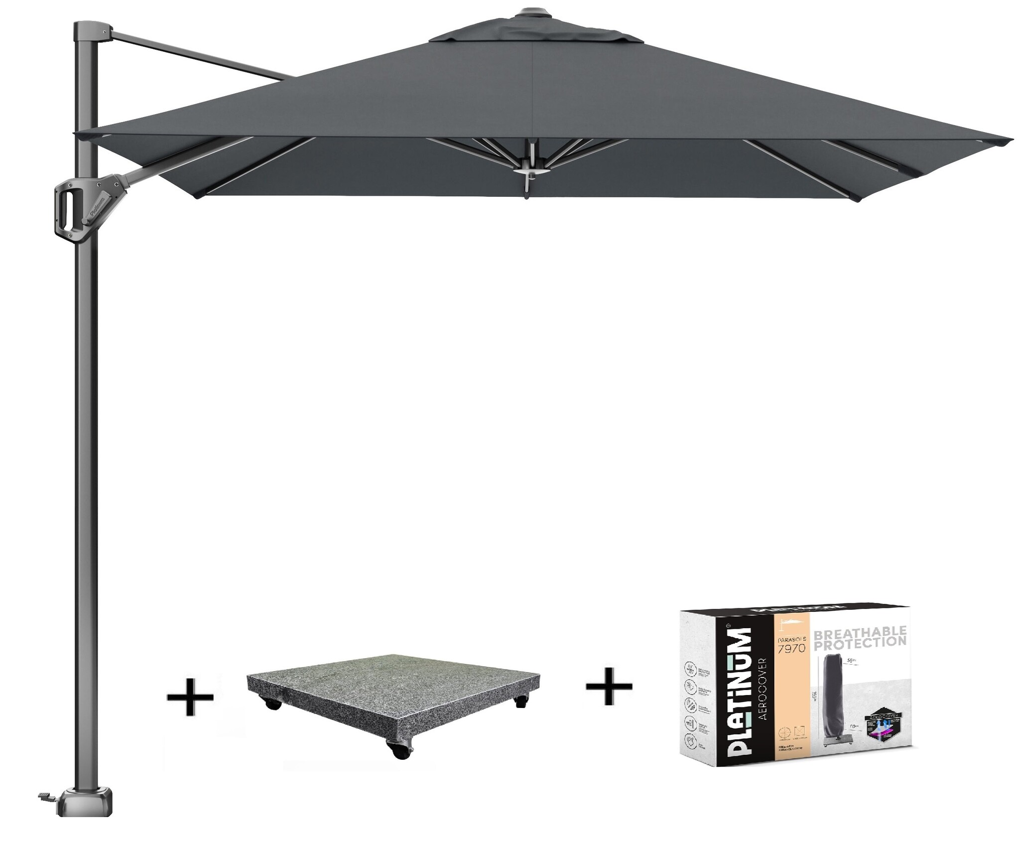 Platinum Voyager T1 zweefparasol 250x250 cm antraciet met 90KG voet en hoes
