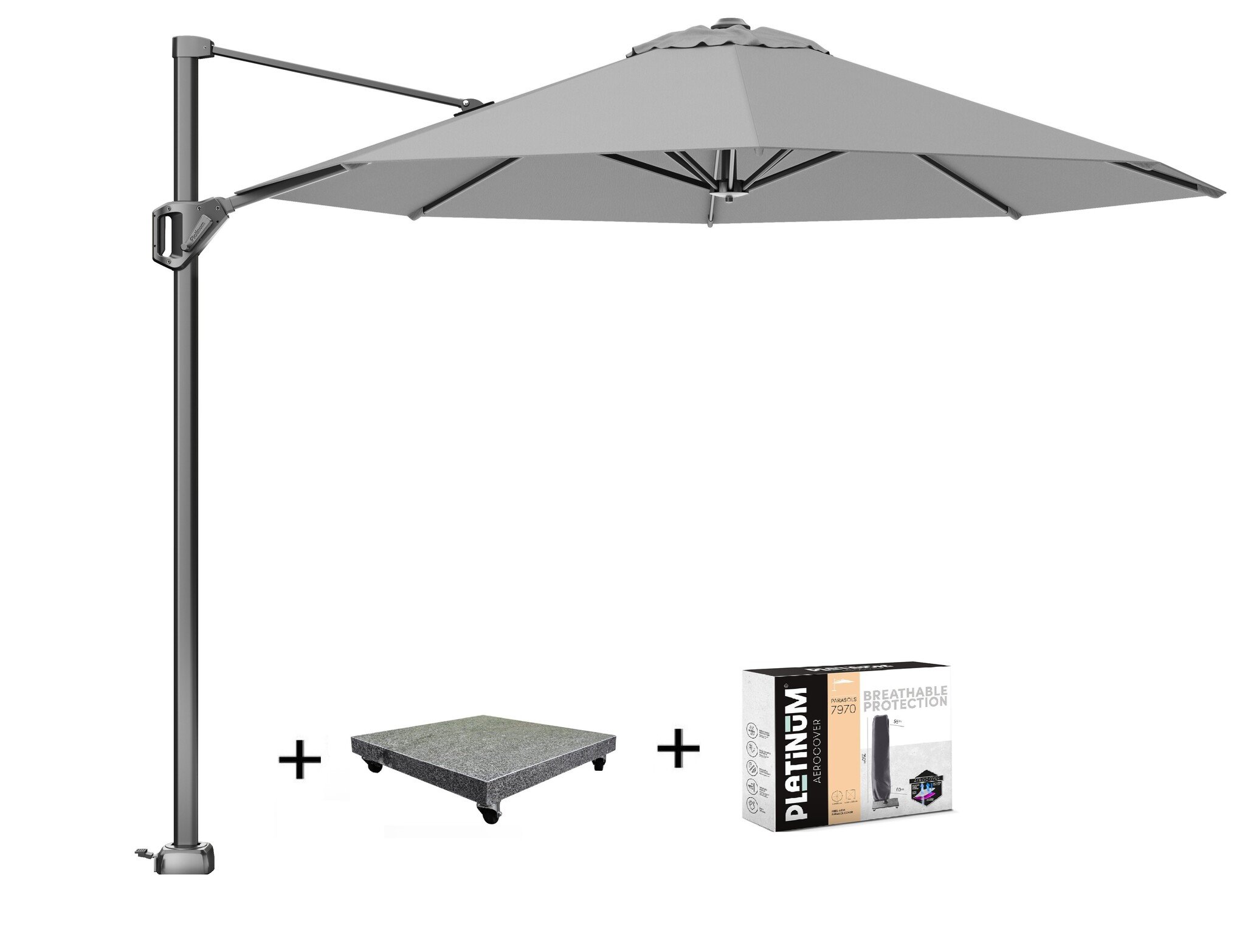 Platinum Voyager T1 zweefparasol 300x200 cm lichtgrijs met 90KG voet en hoes