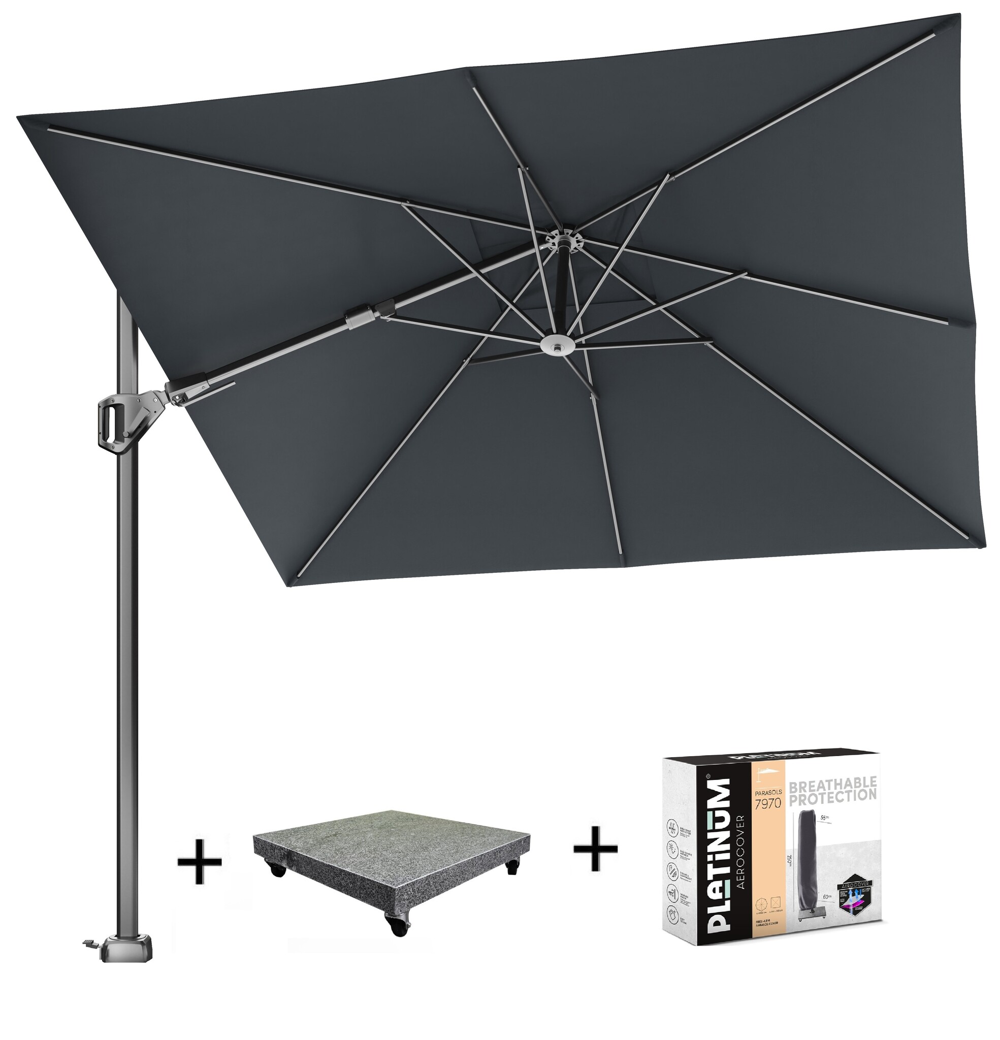 Platinum Voyager T2 zweefparasol 270x270 cm Faded black met 90KG voet en hoes