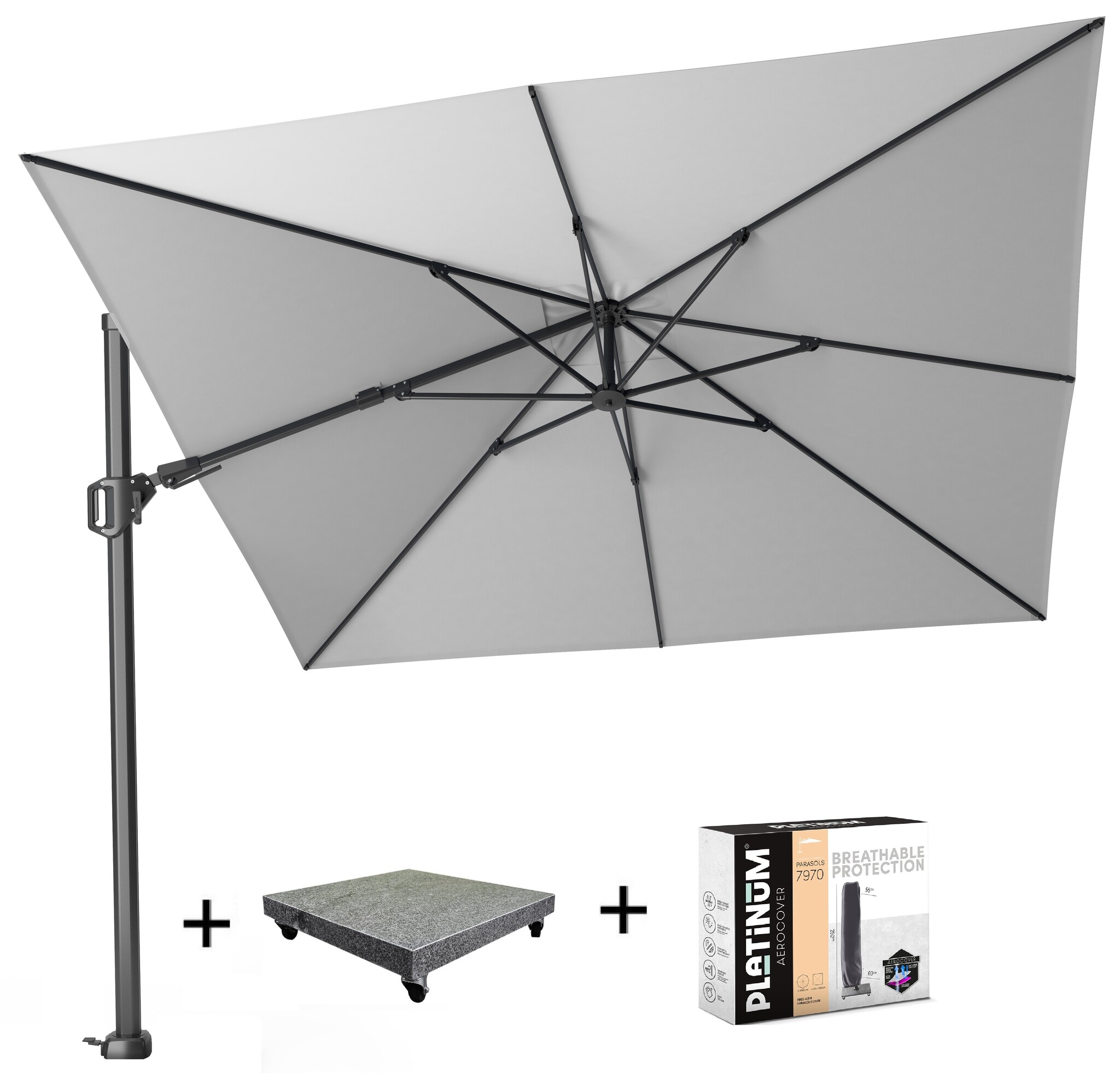 Platinum Challenger T2 zweefparasol 300x300 cm lichtgrijs met parasolvoet 90kg en hoes