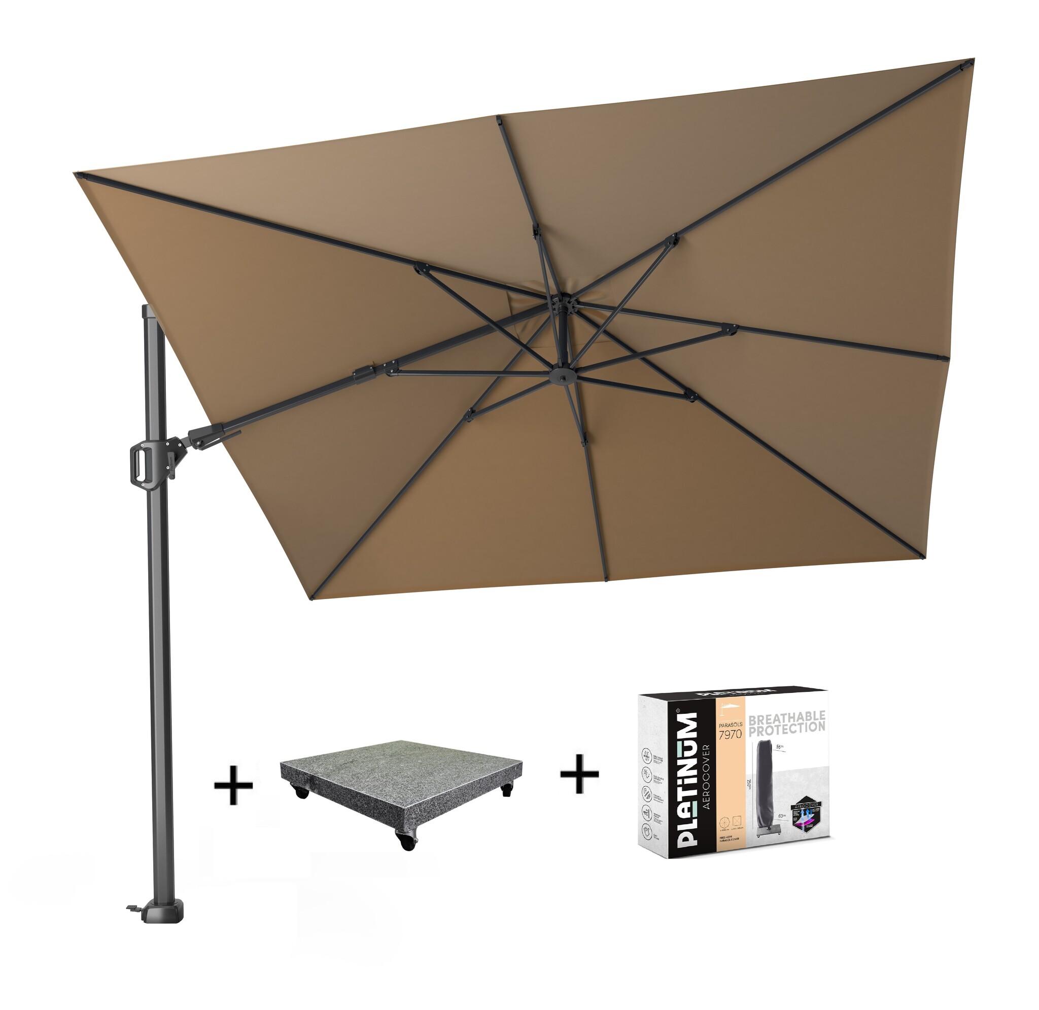 Platinum Challenger T2 zweefparasol 300x300 cm taupe met 90 KG voet en hoes