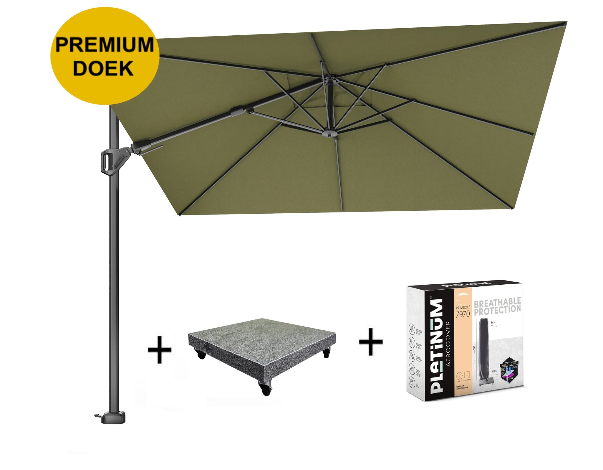 Platinum Challenger T2 premium parasol 300x300 cm antraciet lush green met 90 KG voet en hoes
