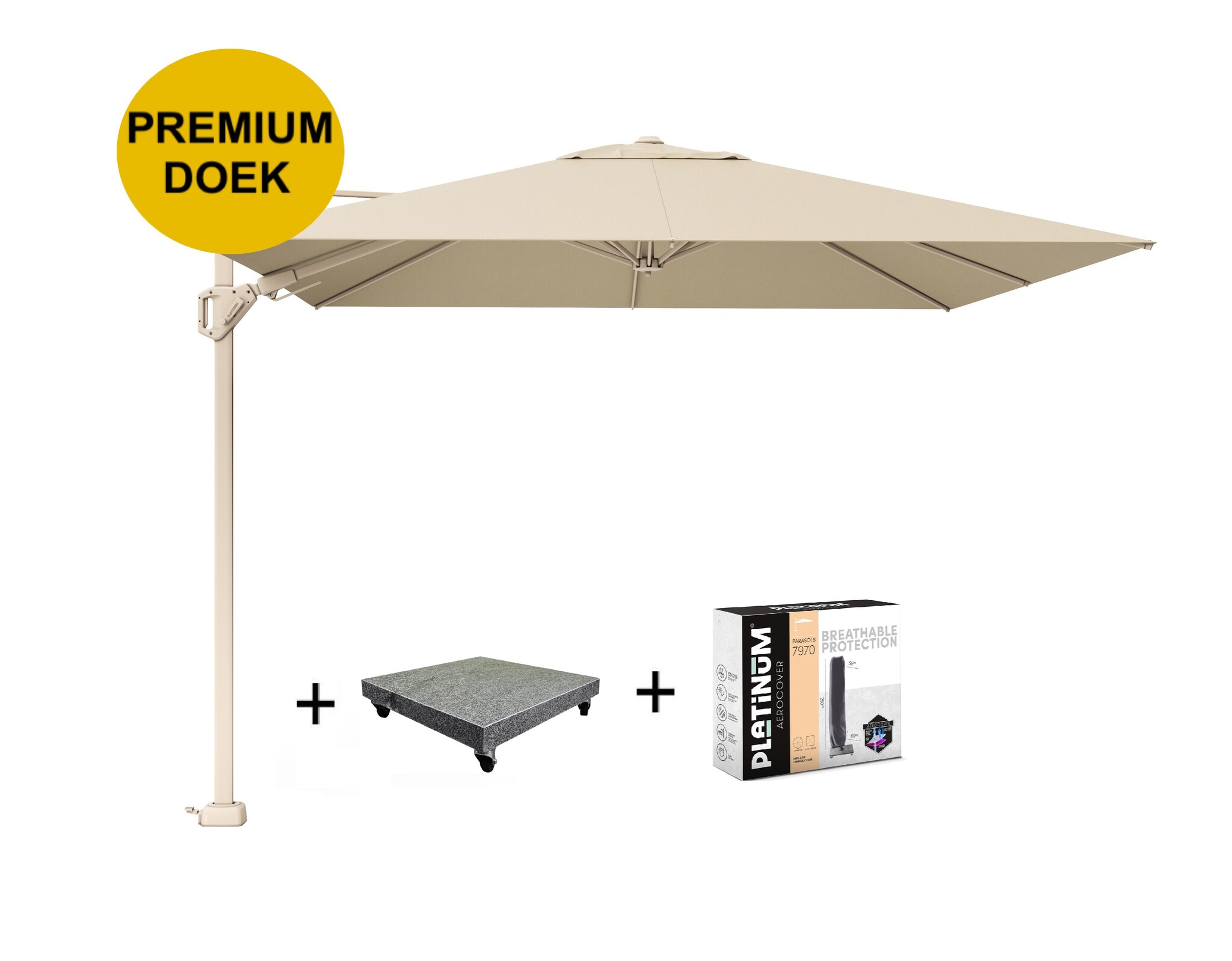 Platinum Challenger T2 premium parasol 300x300 cm sandstone champagne met 90KG voet en hoes
