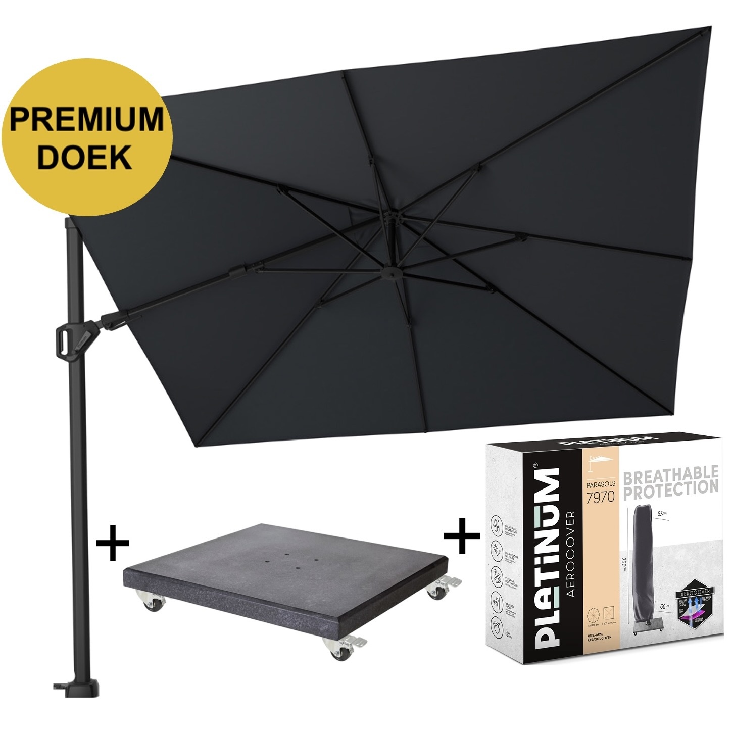 Platinum Challenger T2 Premium 300x300 cm Faded Black met zwarte parasolvoet 90kg en hoes