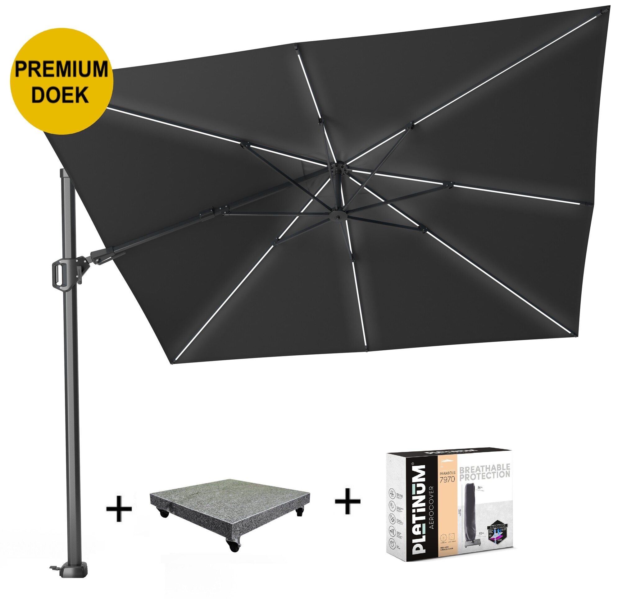 Platinum Challenger T2 glow premium parasol 300x300 cm antraciet faded black met 90KG voet en hoes