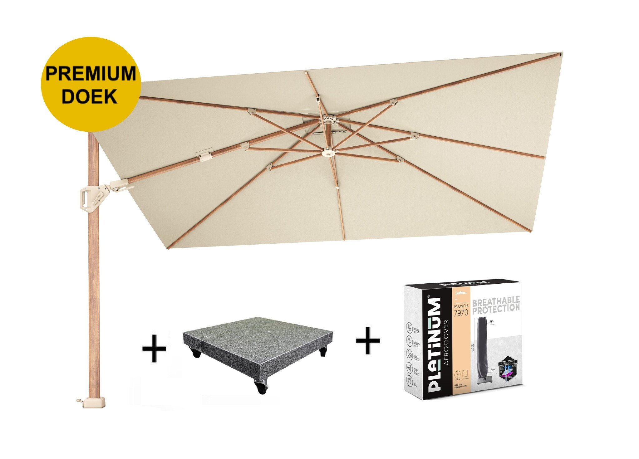 Platinum Challenger T2 premium parasol 260x350 cm teak champagne met 90 KG voet en hoes