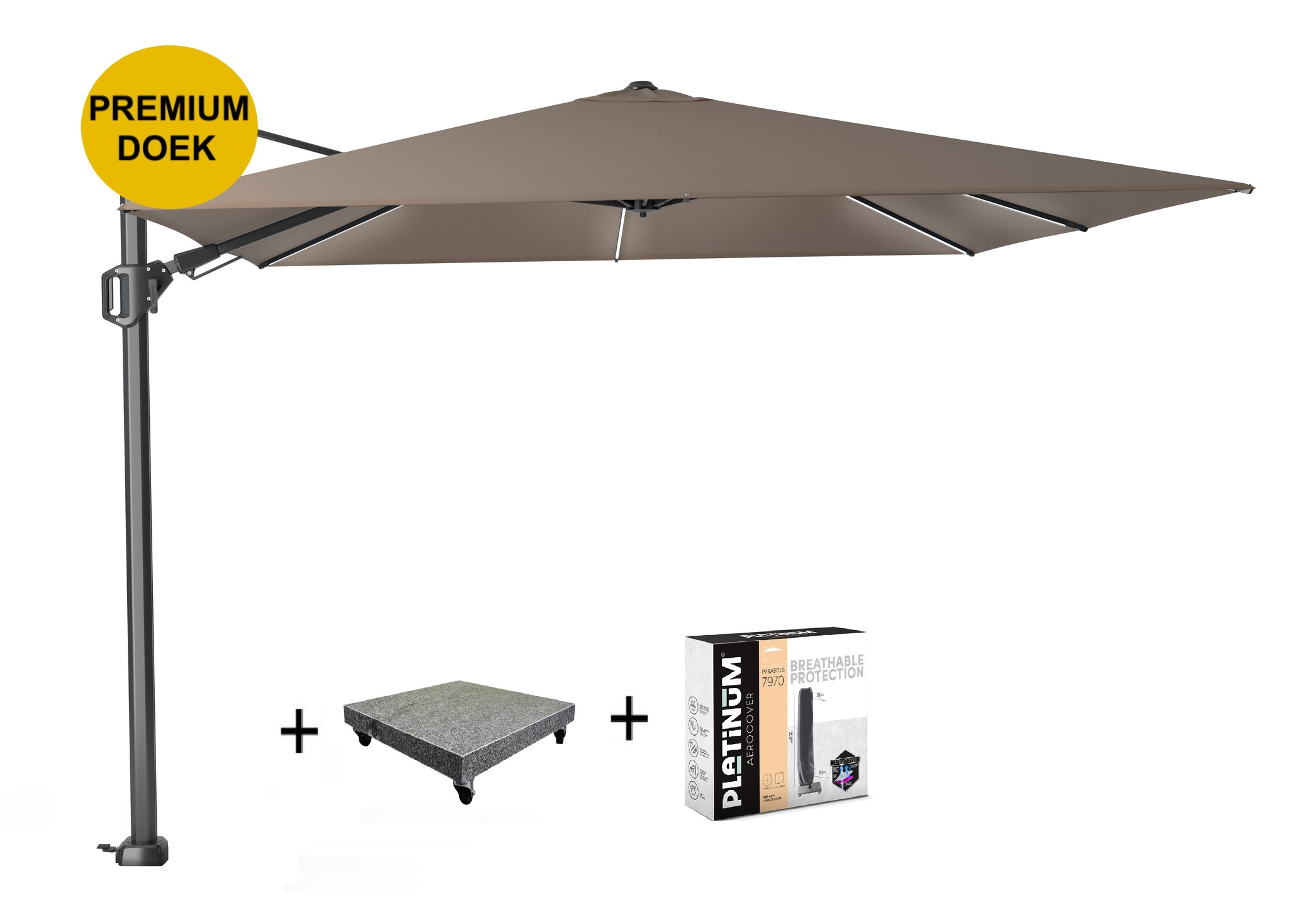 Platinum Challenger T2 glow premium parasol 300x300 cm antraciet havanna met 90KG voet en hoes
