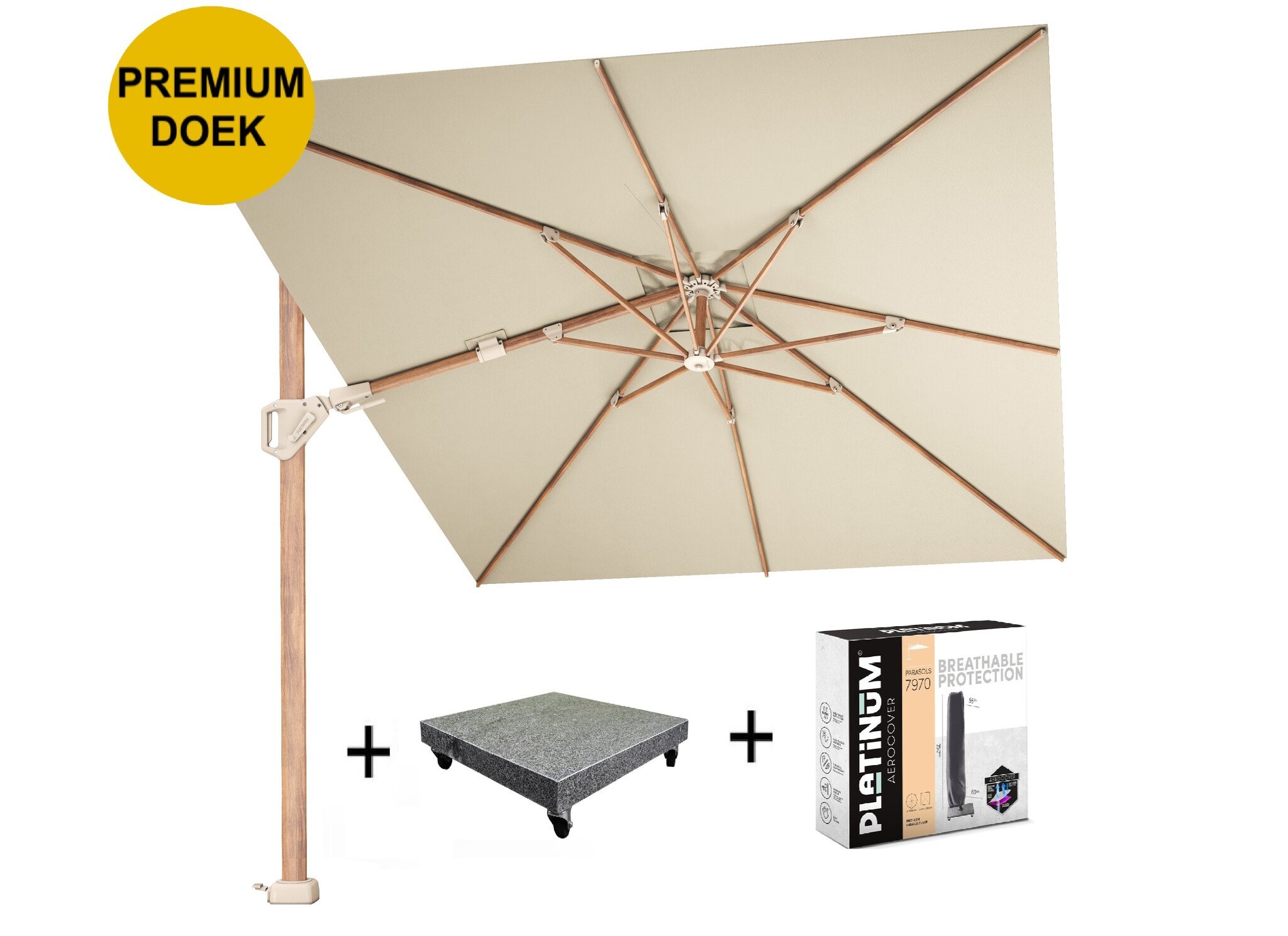 Platinum Challenger T2 premium parasol 350x260 cm teak champagne met 90 KG voet en hoes
