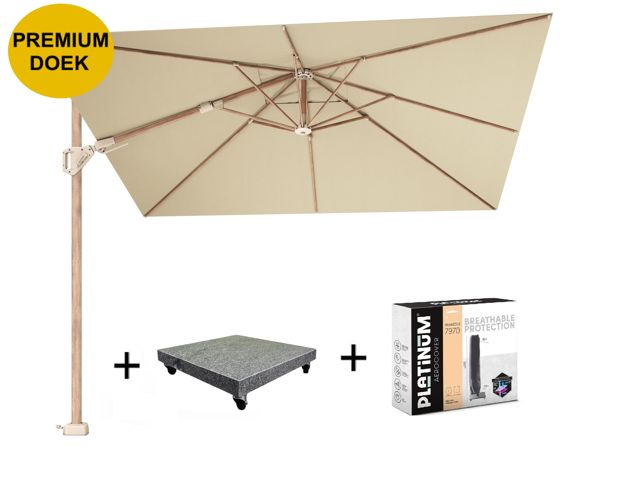Platinum Challenger T2 premium parasol 300x300 cm teak champagne met 90 KG voet en hoes