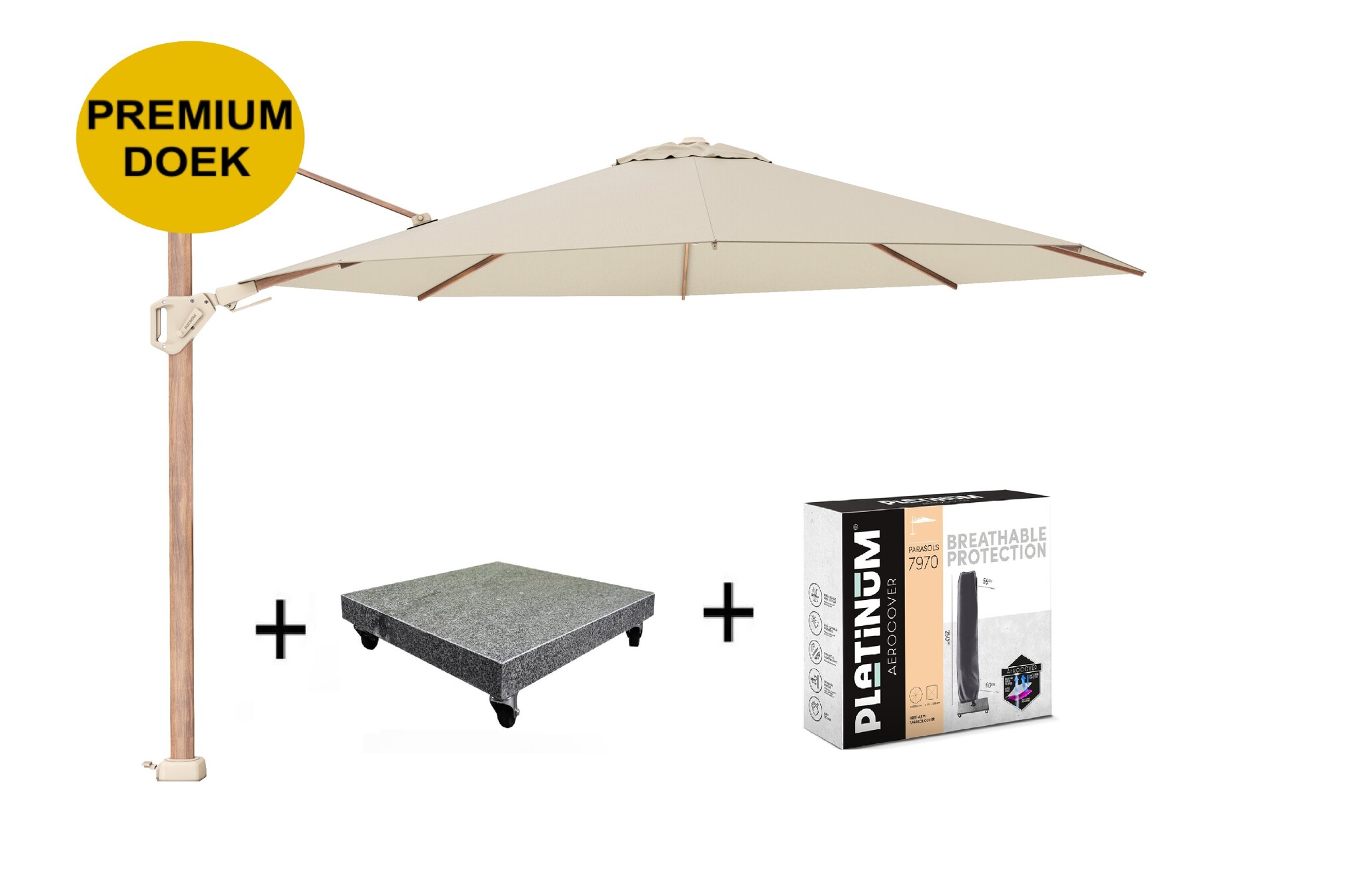Platinum Challenger T2 premiumØ350 cm teak champagne met 120 KG voet en hoes