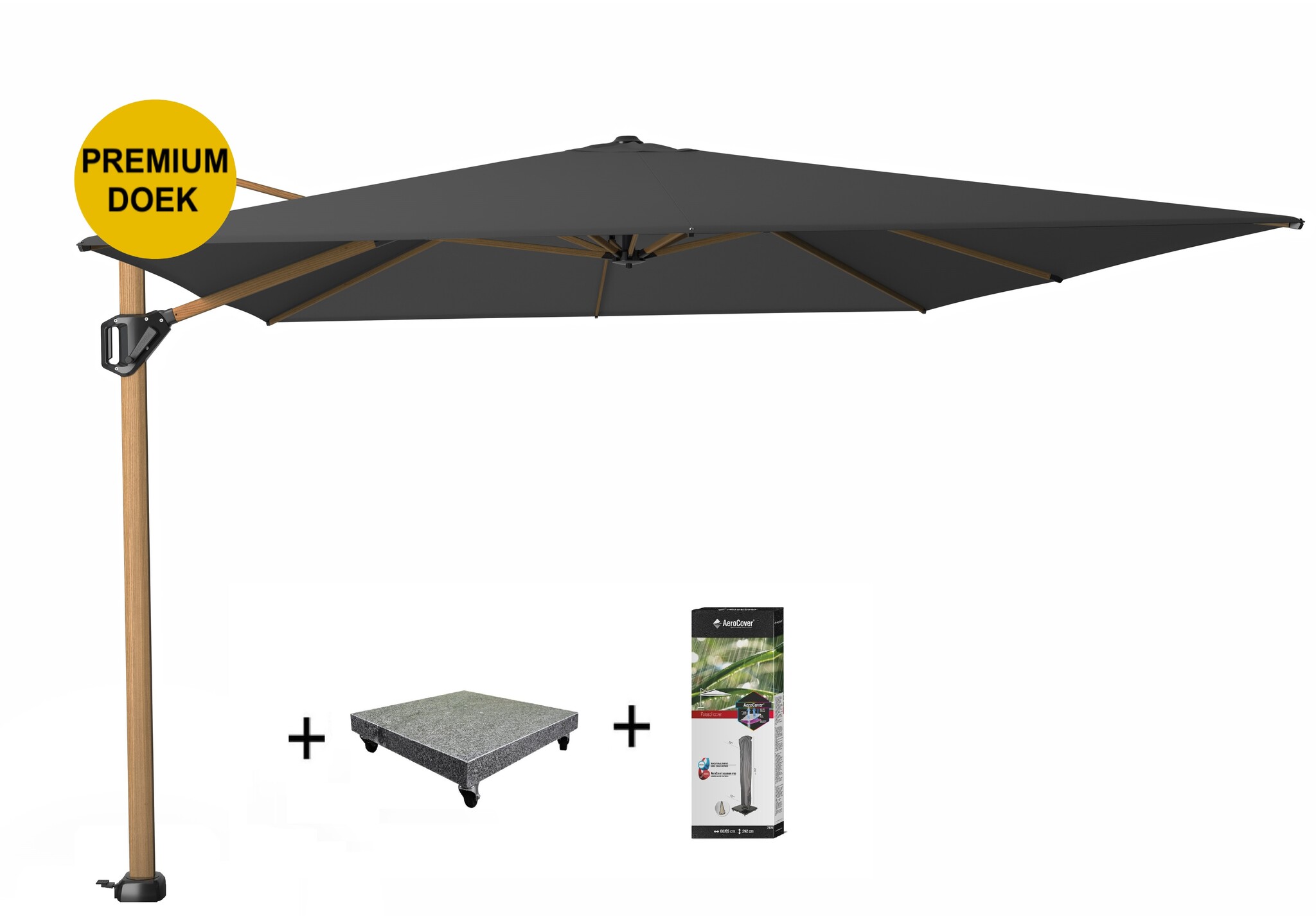 Platinum Challenger T1 premium zweefparasol 400x300 cm teak mast faded black met 120 KG voet en hoes