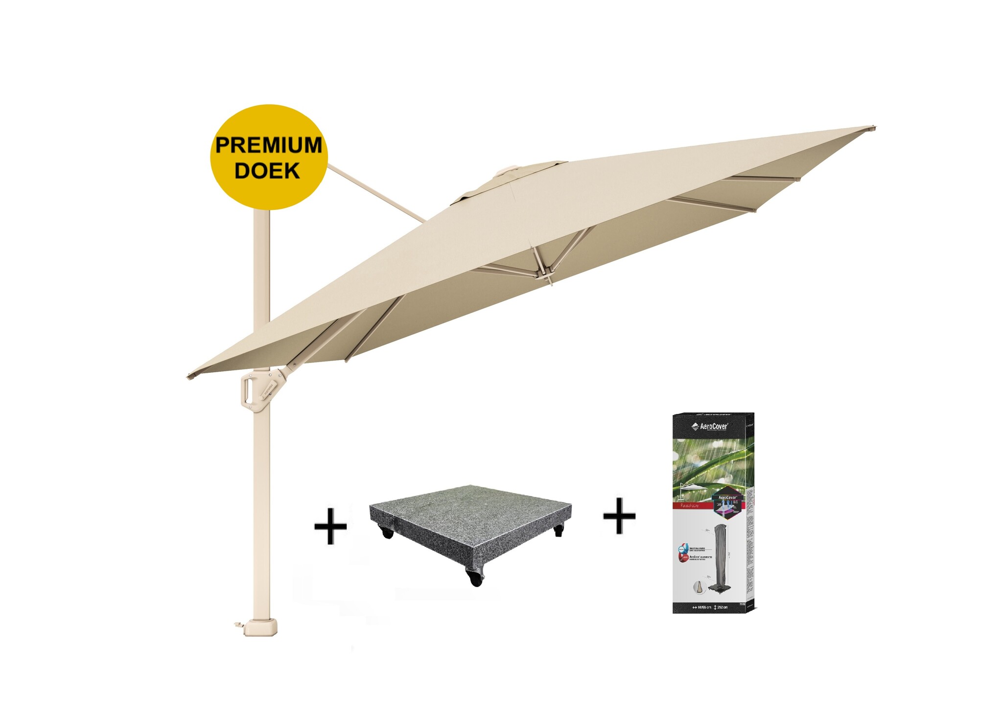 Platinum Challenger T1 premium parasol 400x300 cm sandstone champagne met 120 KG voet en hoes