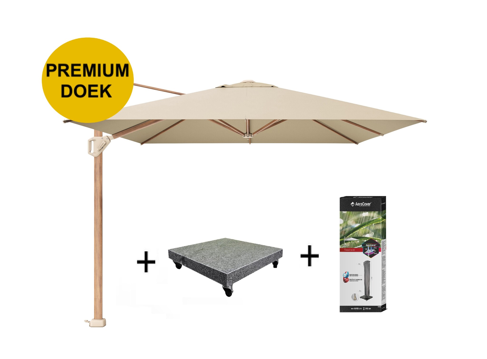 Platinum Challenger T1 premium parasol 400x300 cm teak champagne met 120 KG voet en hoes