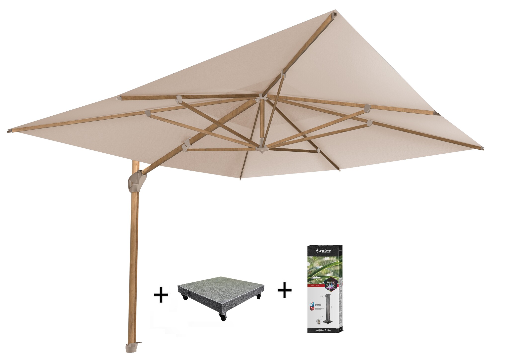 4 Seasons Outdoor Hacienda zweefparasol 300x400 cm houtlook zand  met 120 KG voet en hoes