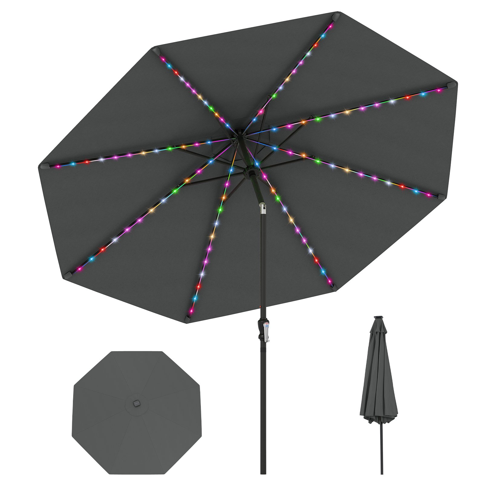 Costway Zonnescherm 300 cm met LED-zonneverlichting 9 Verlichtingsmodi Parasol met Slinger Grijs