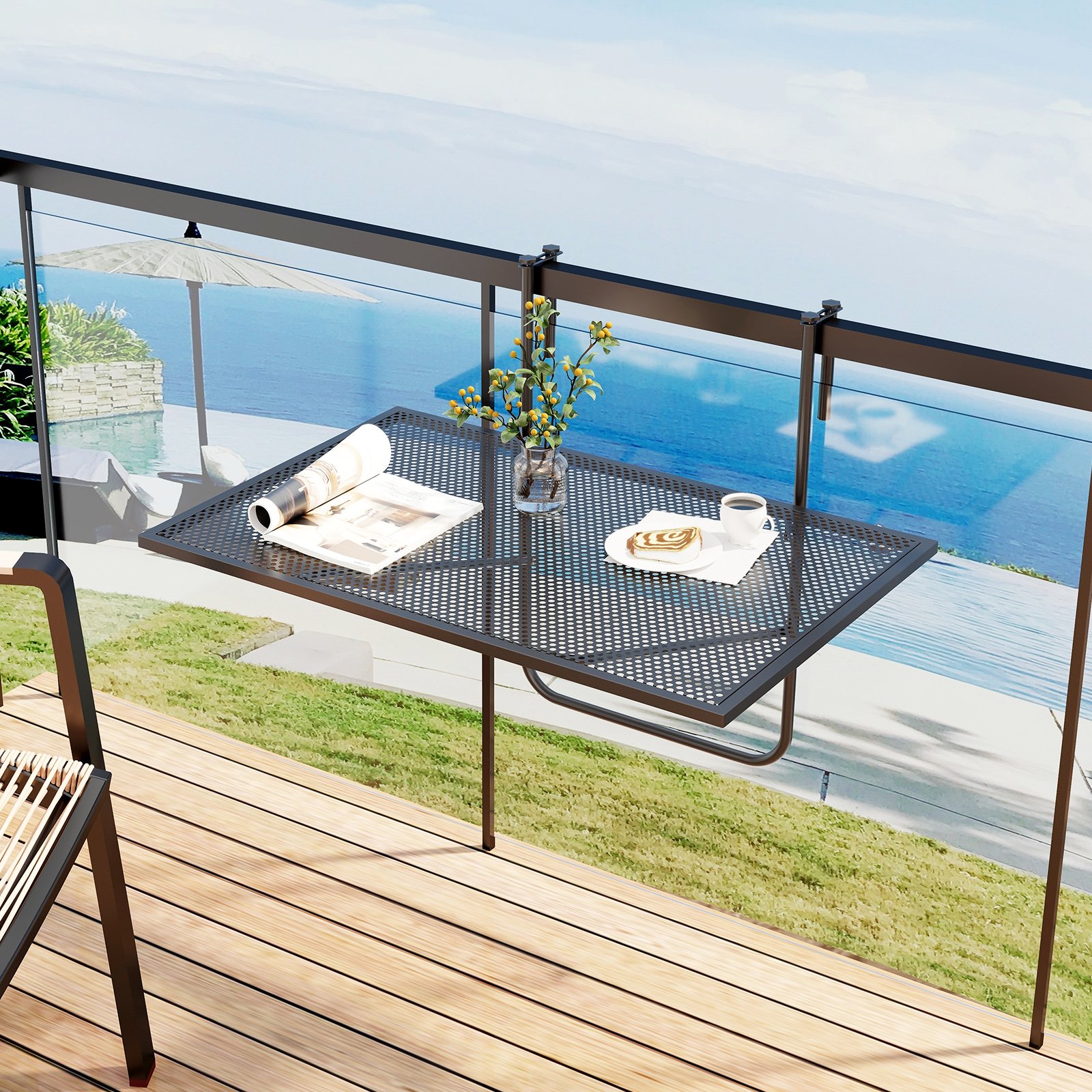 Costway Opvouwbare Balkon tafel Rechthoekige Hangtafel om op te Hangen Metaal Vouwtafel Zwart